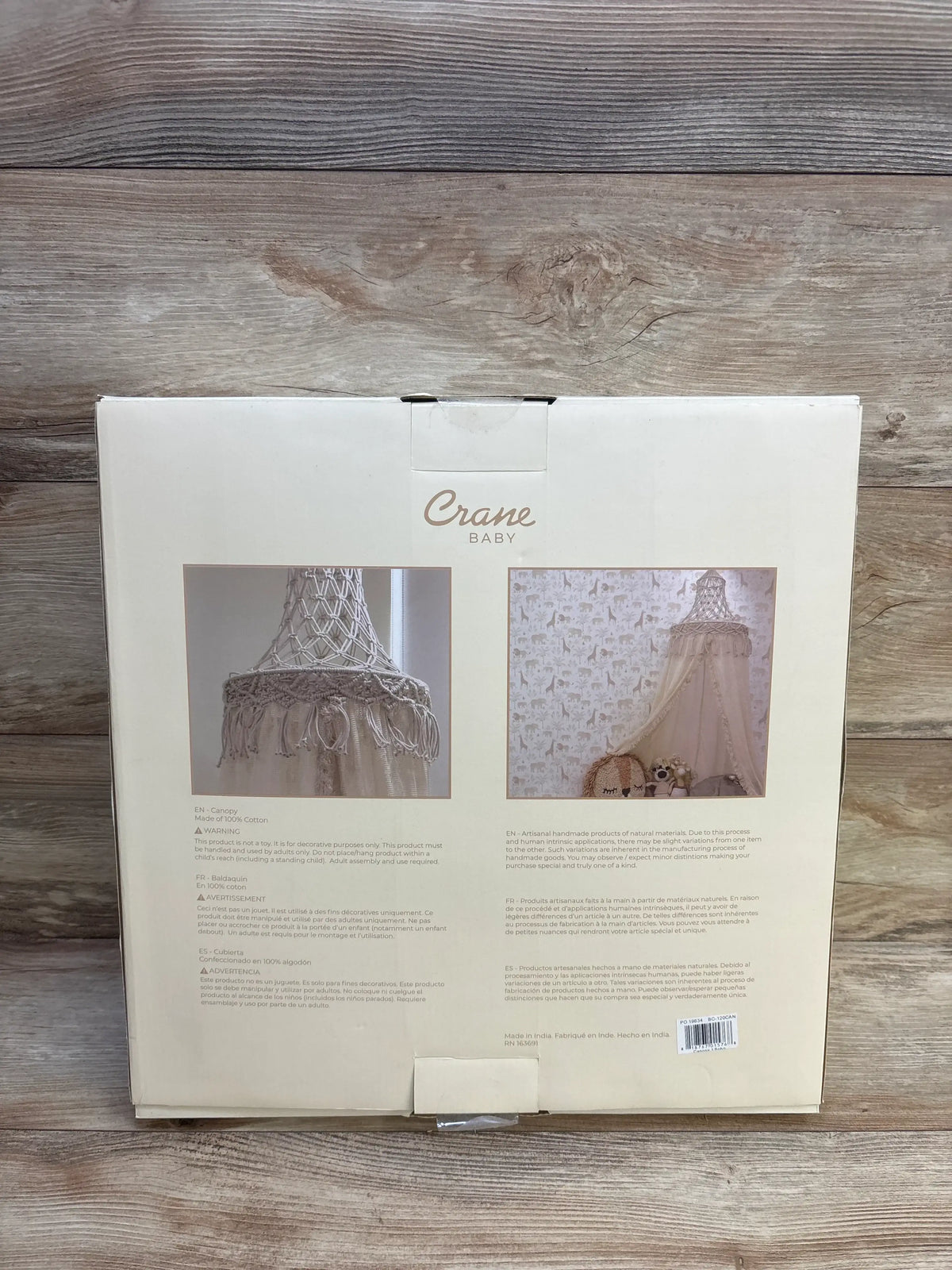 Back of Crane Baby macrame crib canopy box showing product photos, cotton material label, warnings, and care information
