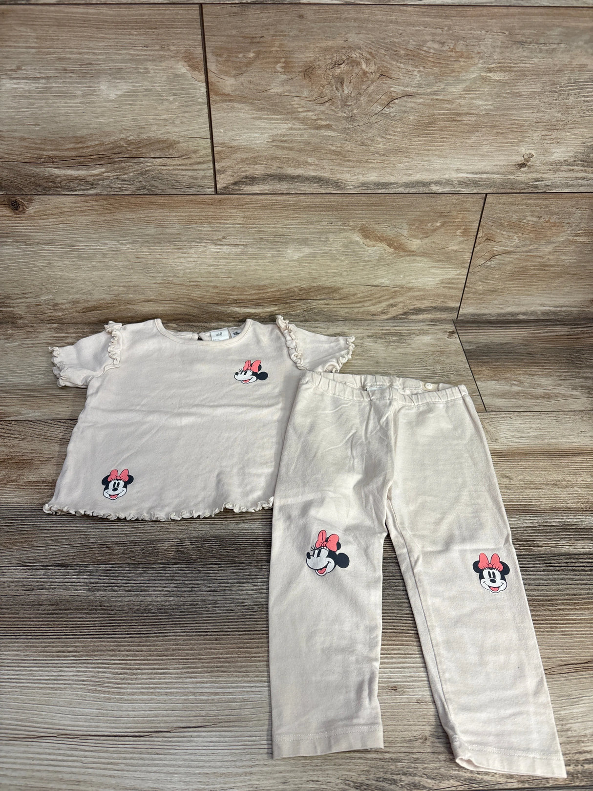 H&M 2pc Minnie Mouse Ruffled Sleeve Shirt & Pants Set Beige sz 18m