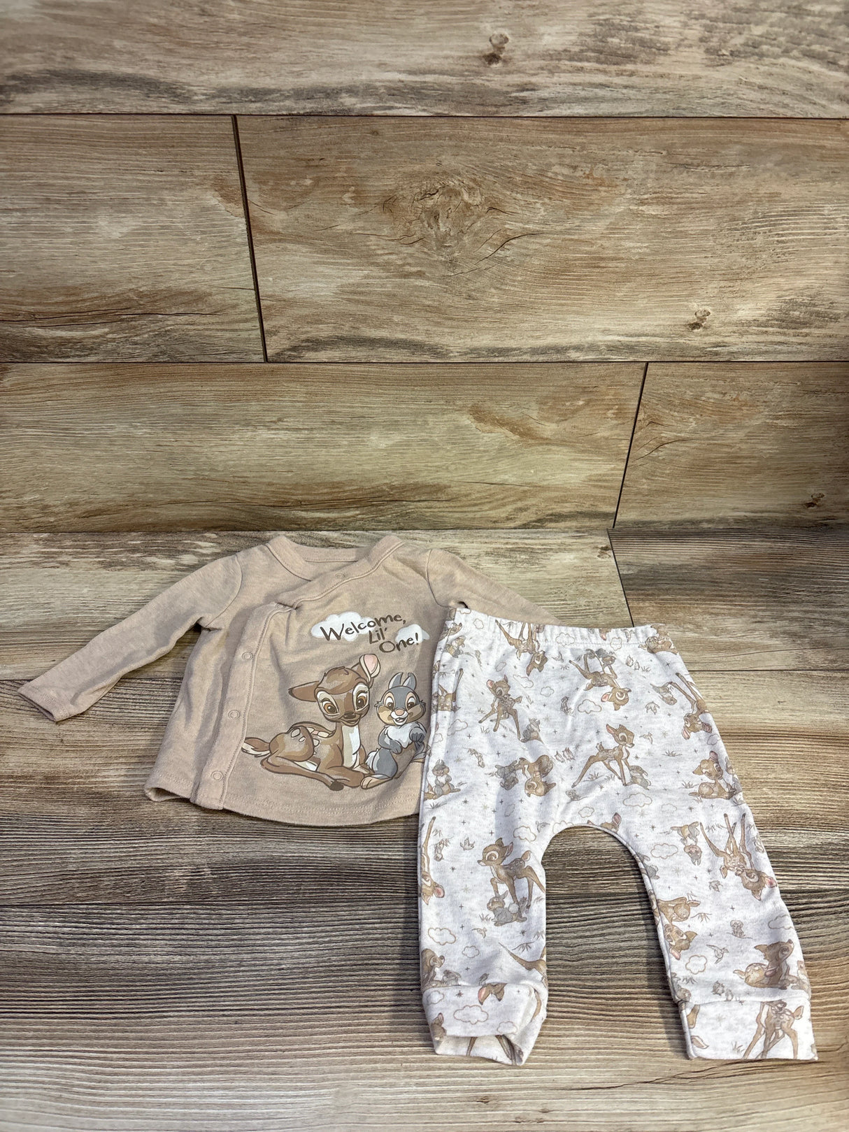 Disney Baby 2pc Bambi Kimono Shirt & Pants Set Tan sz 3/6m