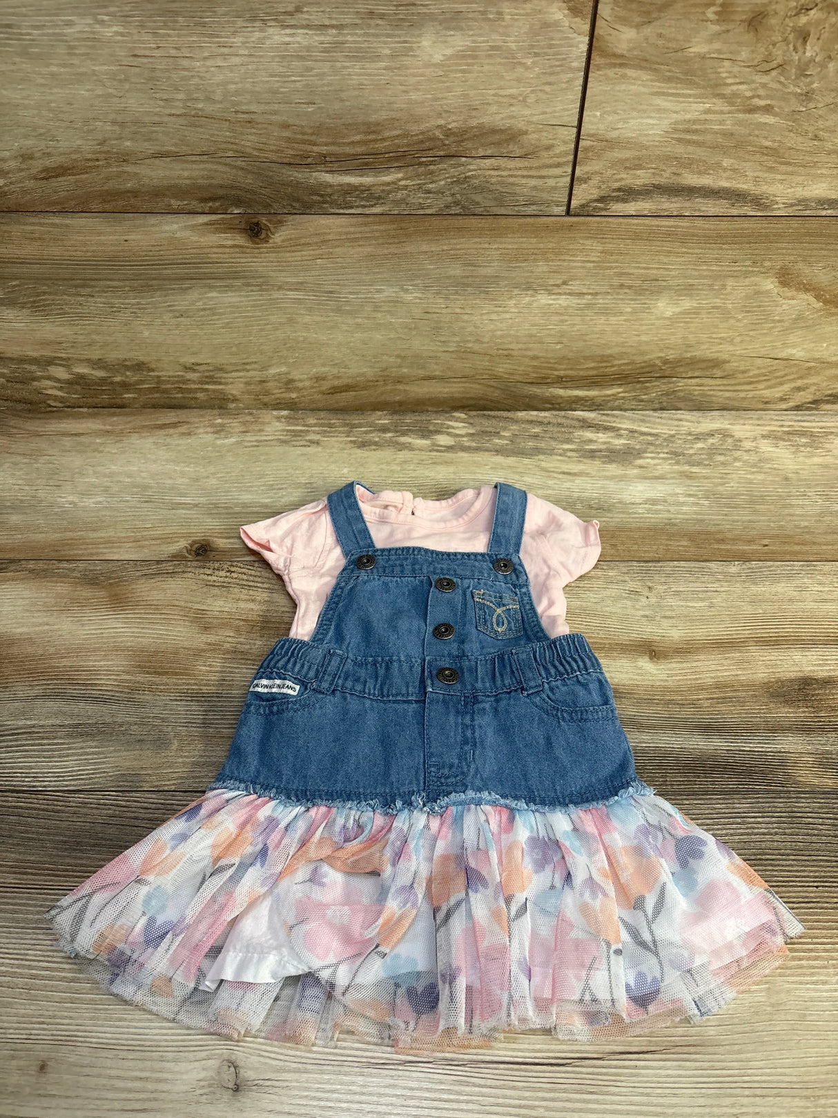 Calvin Klein 2pc Denim Tulle Trim Skirtall Set Pink sz 3/6m