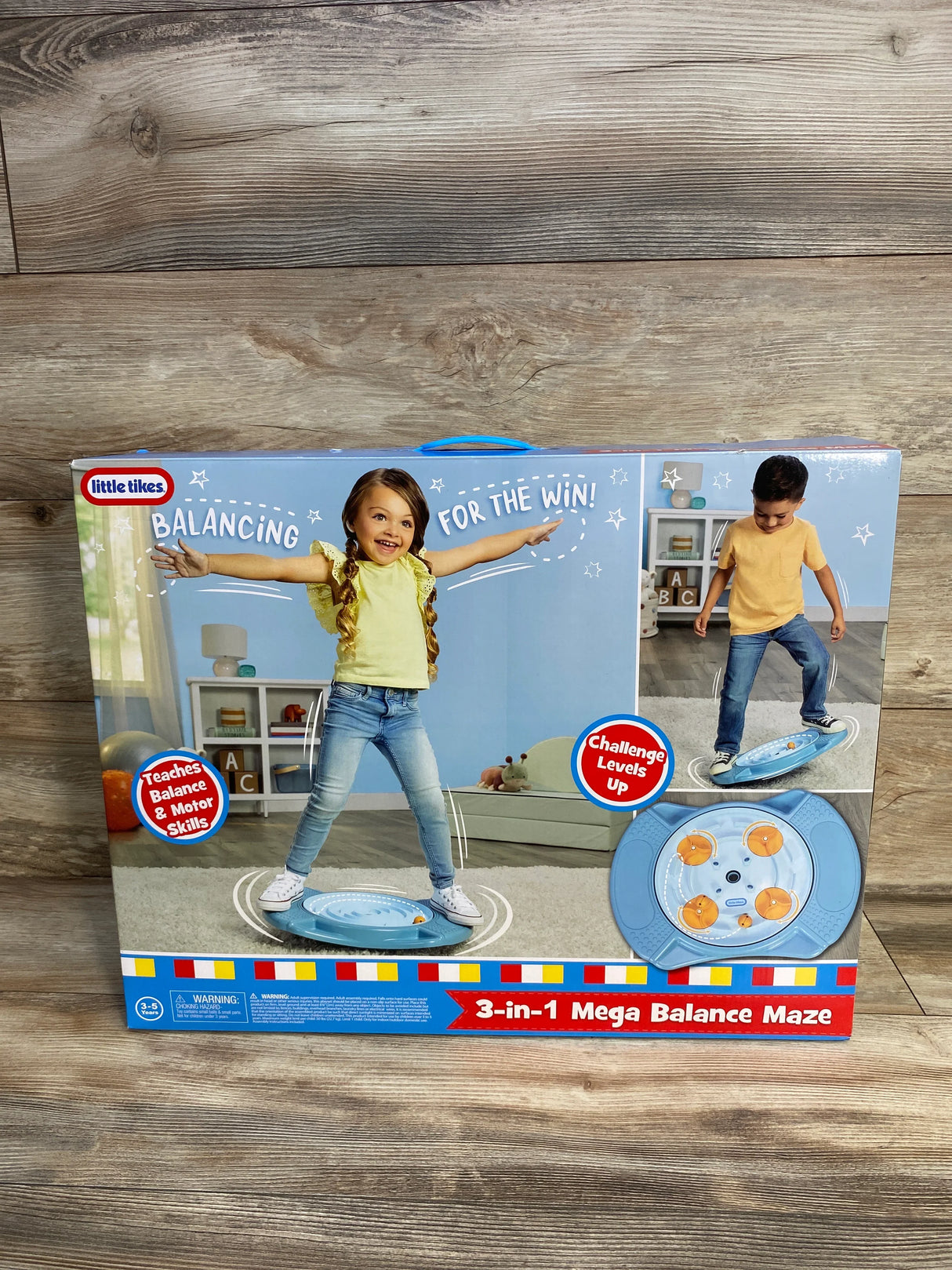 Little Tikes 3-in-1 Mega Balance Maze toy box with kids playing and product features shown