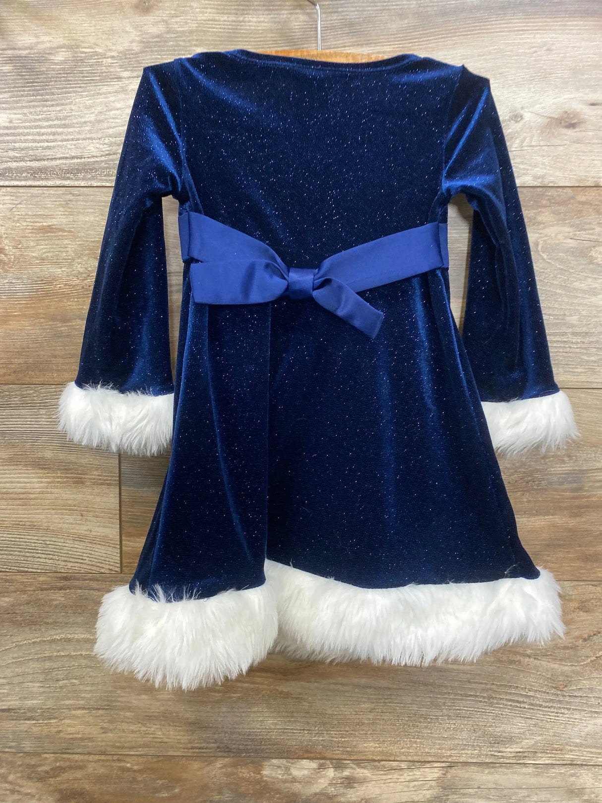 Girls' navy blue velvet holiday dress with white faux fur trim and bow, kids clothing resale