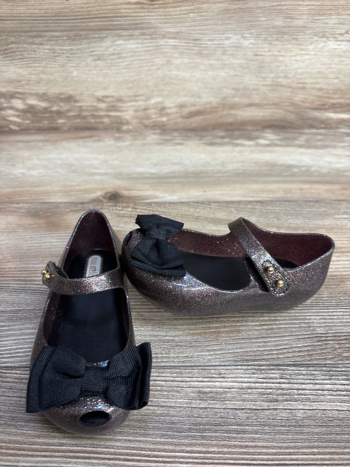 Mini Melissa 'Ultragirl Bow' Jelly Flat Black Glitter sz 7c