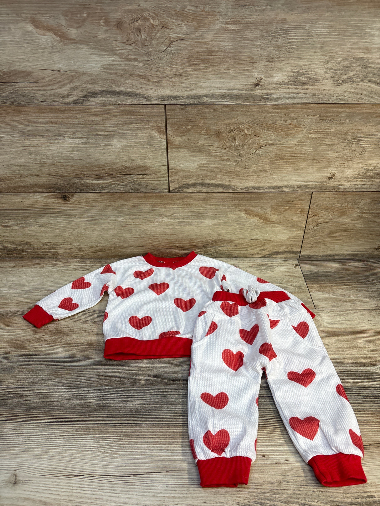 2pc Waffle Knit Heart Shirt & Bottoms Set White sz 6-12m