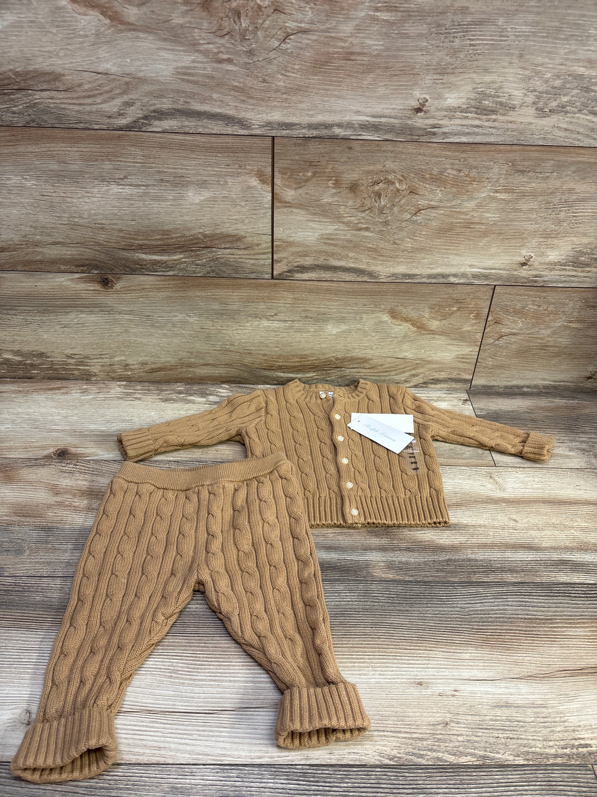 NEW Ralph Lauren 2pc Cable Knit Cardigan Sweater & Pants Set Tan sz 9m