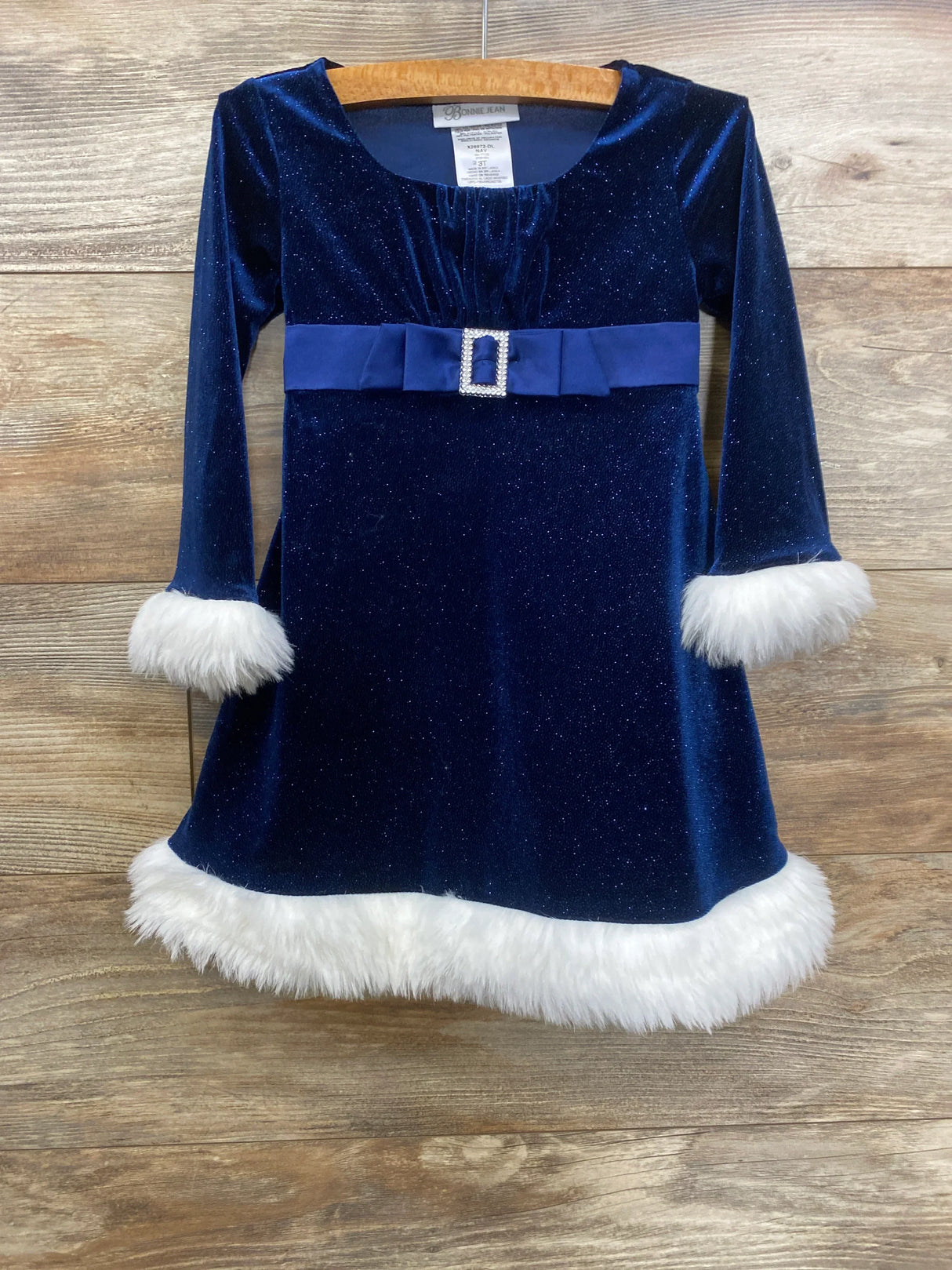 Girls blue velvet holiday dress with faux fur trim and rhinestone belt accent