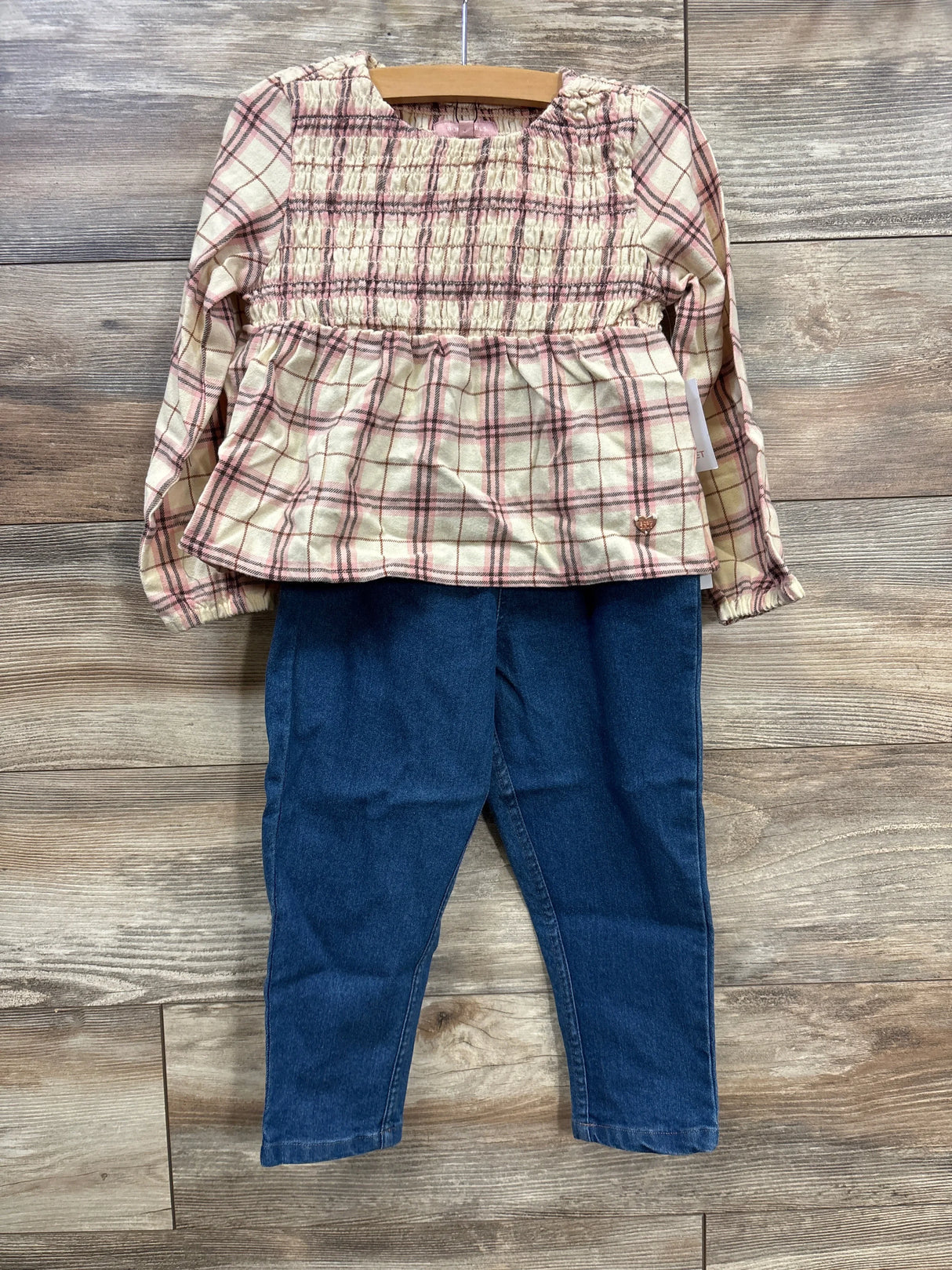 Plaid long sleeve toddler shirt with blue jeans, kids resale outfit on hanger