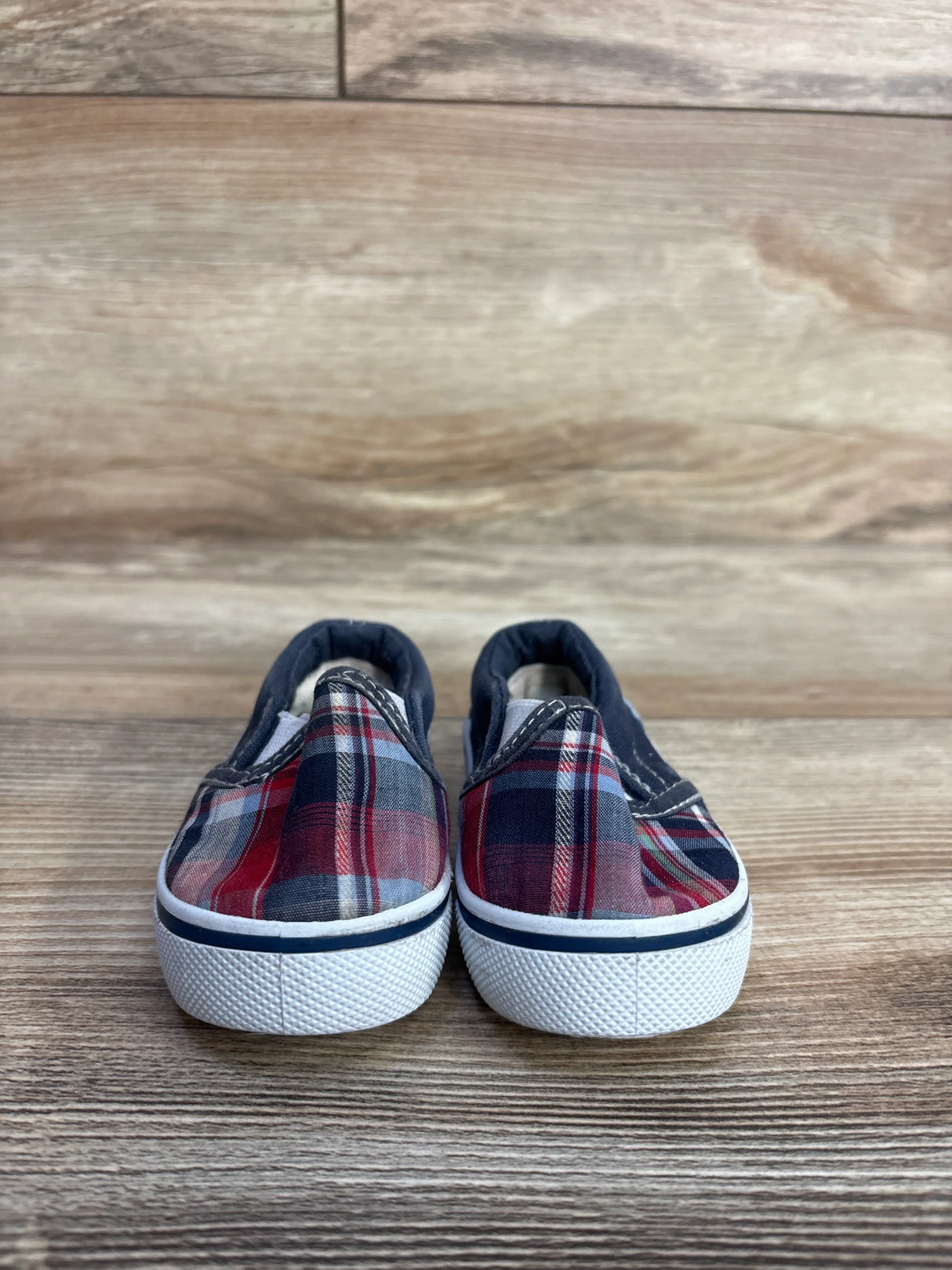 Athletic Works Slip-On Canvas Plaid Print Sneakers, Navy sz 2c