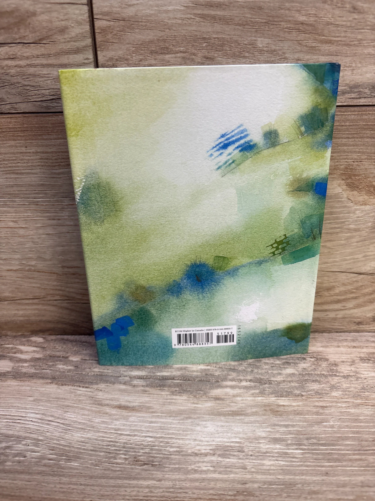 Back cover of One Smart Sheep hardcover chapter book showing green and blue watercolor artwork and barcode on wooden surface