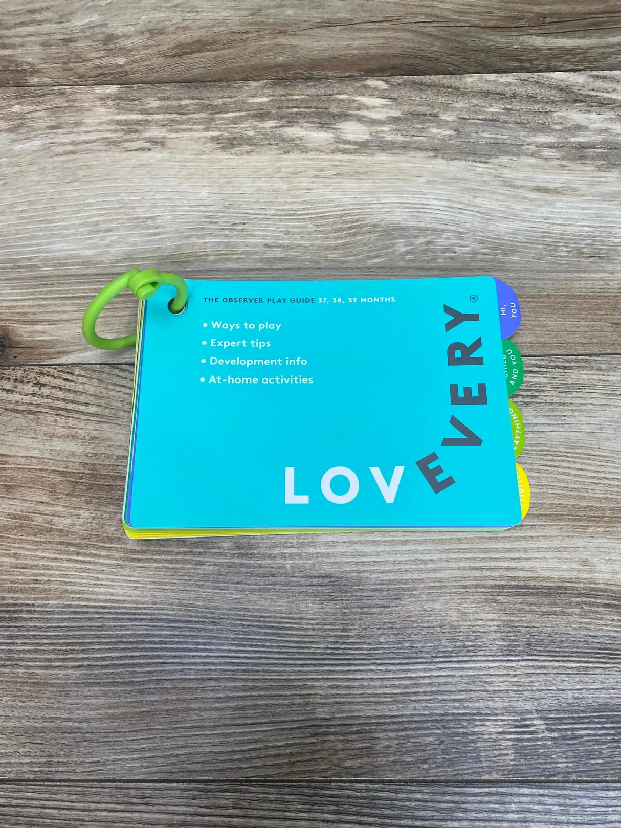 Top-down of The Observer Play Guide in teal showing LOVEVERY headline, colored tabbed pages and green ring on wood background