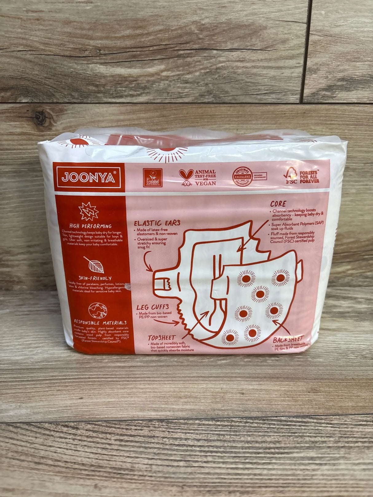 Front of Joonya Size 1 newborn diaper pack, 32-count, showing brand logo and baby graphic on white background