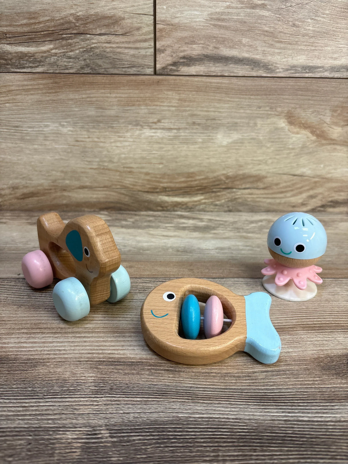 Front view of Hape Multi Sensory Wooden Toys 3pk showcasing fish rattle, stay put rattle, and dog on wheels on wood surface