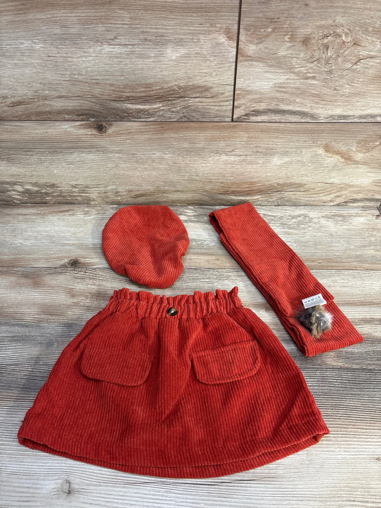 Corduroy Skirt & Pompom Scarf & Beret Hat Burnt Orange sz 12-18m