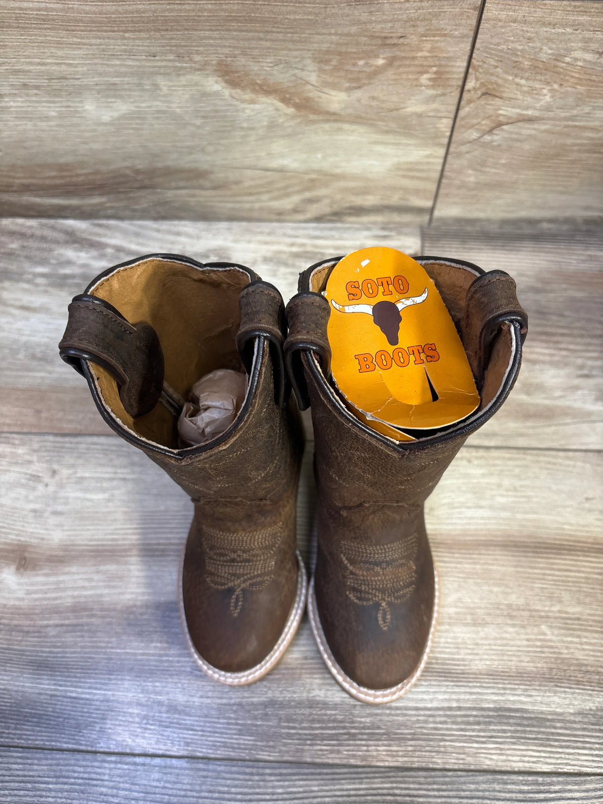 NEW Soto Boots Kids Round Toe Leather Western Boots Brown sz 8c