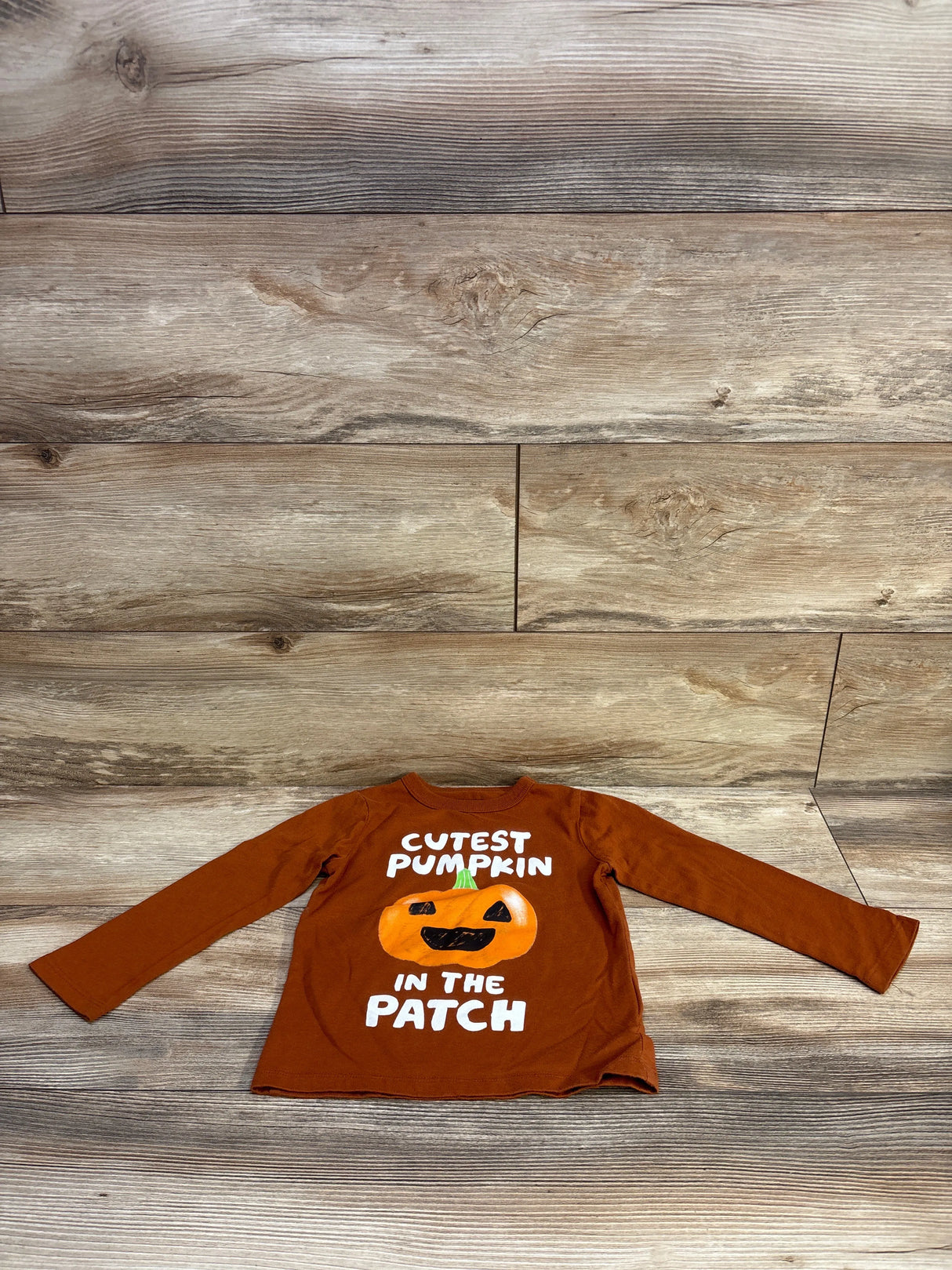 Flat lay of brown toddler long-sleeve shirt with white Cutest Pumpkin In The Patch text and pumpkin graphic on wood background
