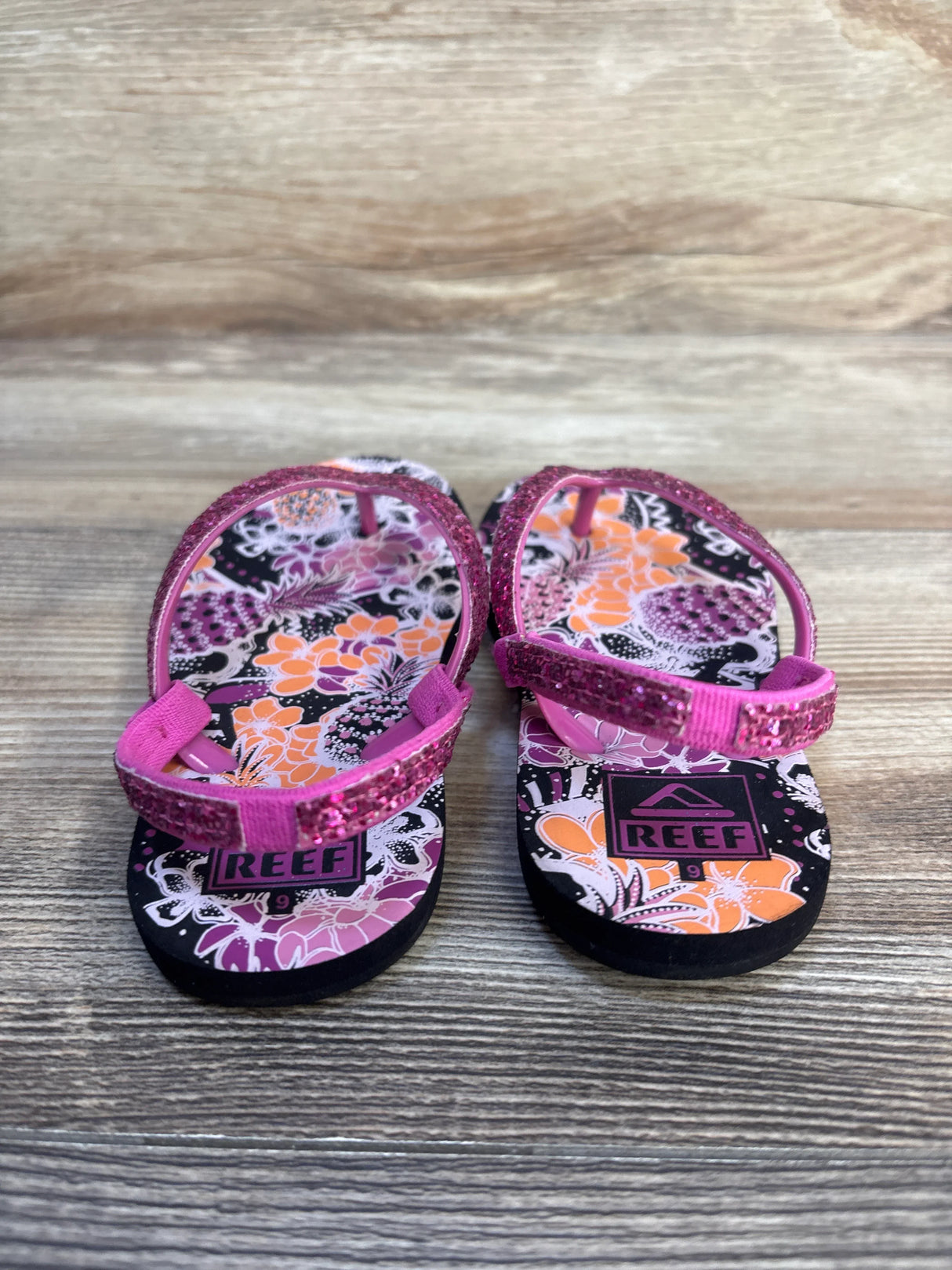 Reef Little Stargazer Pineapple FLoral Flip Flops Pink sz 9c