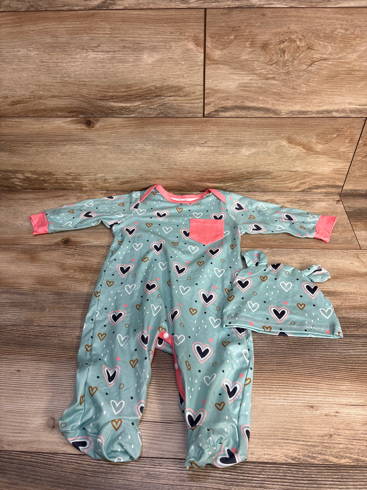2pc Heart Print Footed Coverall & Hat Set Blue sz 6-9m