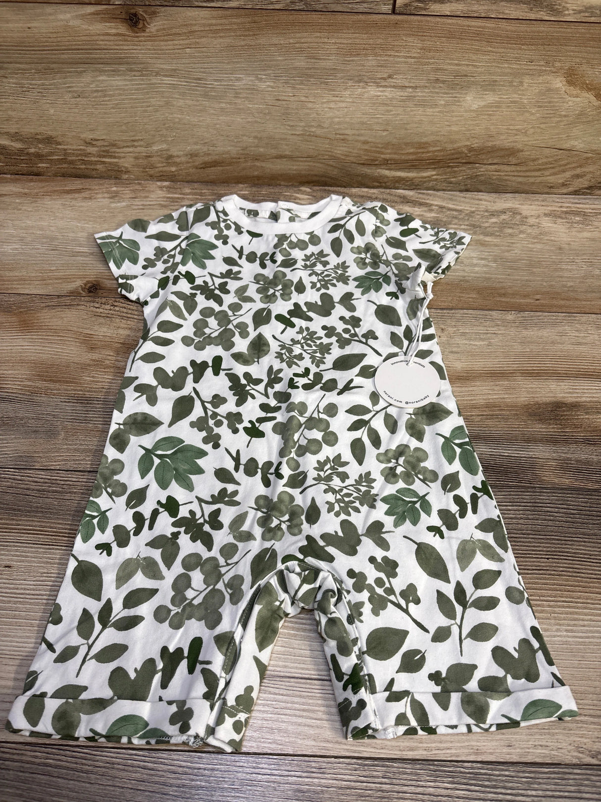 NEW Norani Baby Organic Snap Romper in Green Leaves White sz 12-18m