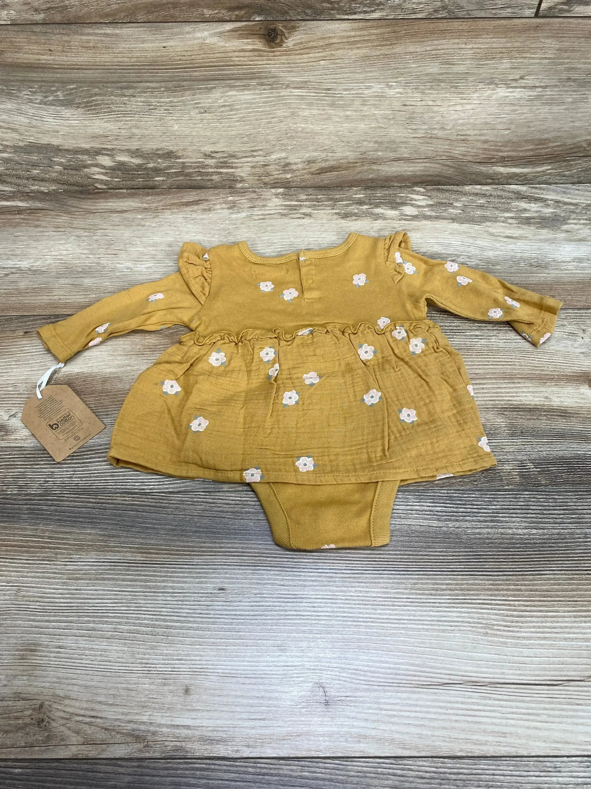 Front view of Grayson Collective yellow floral baby bodysuit dress (0–3 months) showing flutter sleeves and snap bodysuit bottom on white background