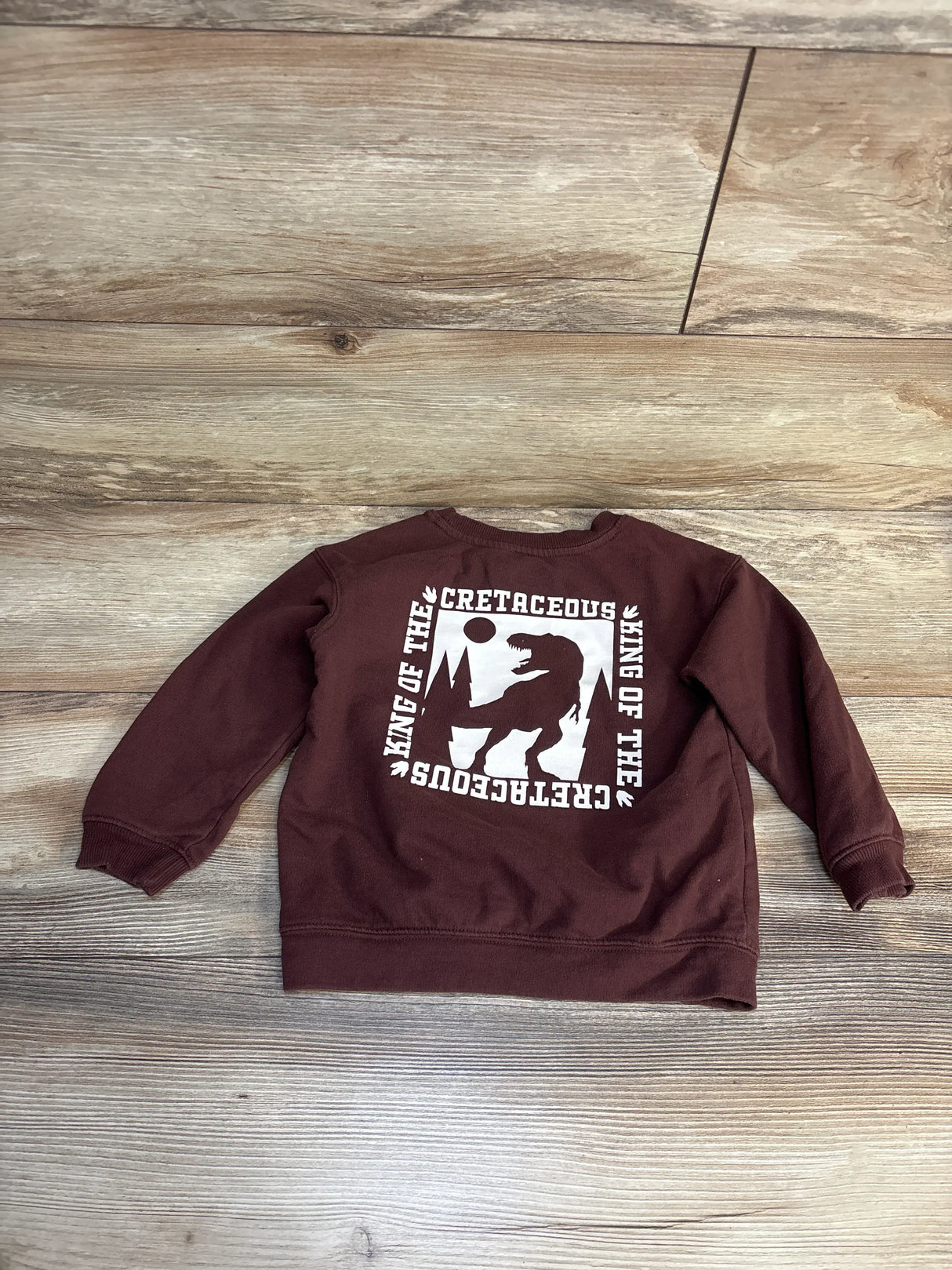 Flat lay of Cat & Jack 68 Million Years Ago Dino Sweatshirt Brown sz 3T showcasing King of the Cretaceous T-Rex graphic on wood plank floor