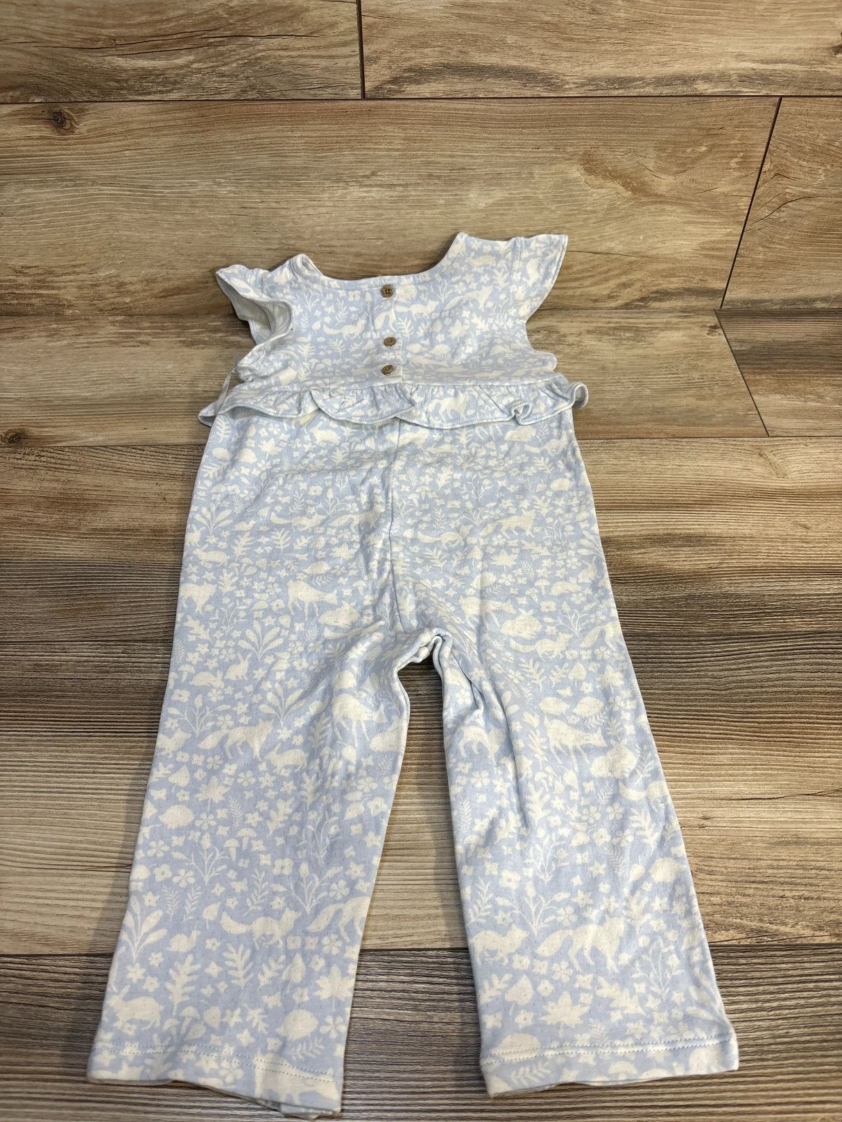 Light blue toddler romper with white floral print, ruffle sleeves, and wooden buttons