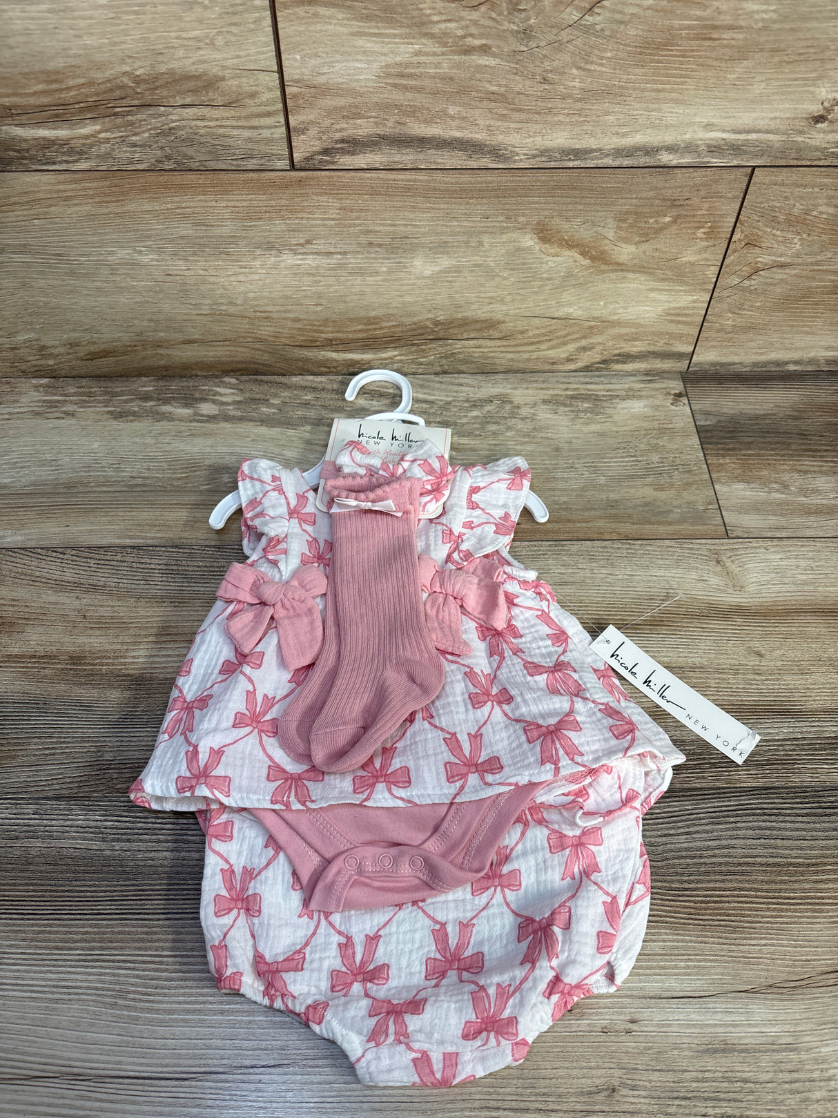 NEW Nicole Miller 4pc Gauze Bow Print Bodysuit Dress Set White sz 0/3m
