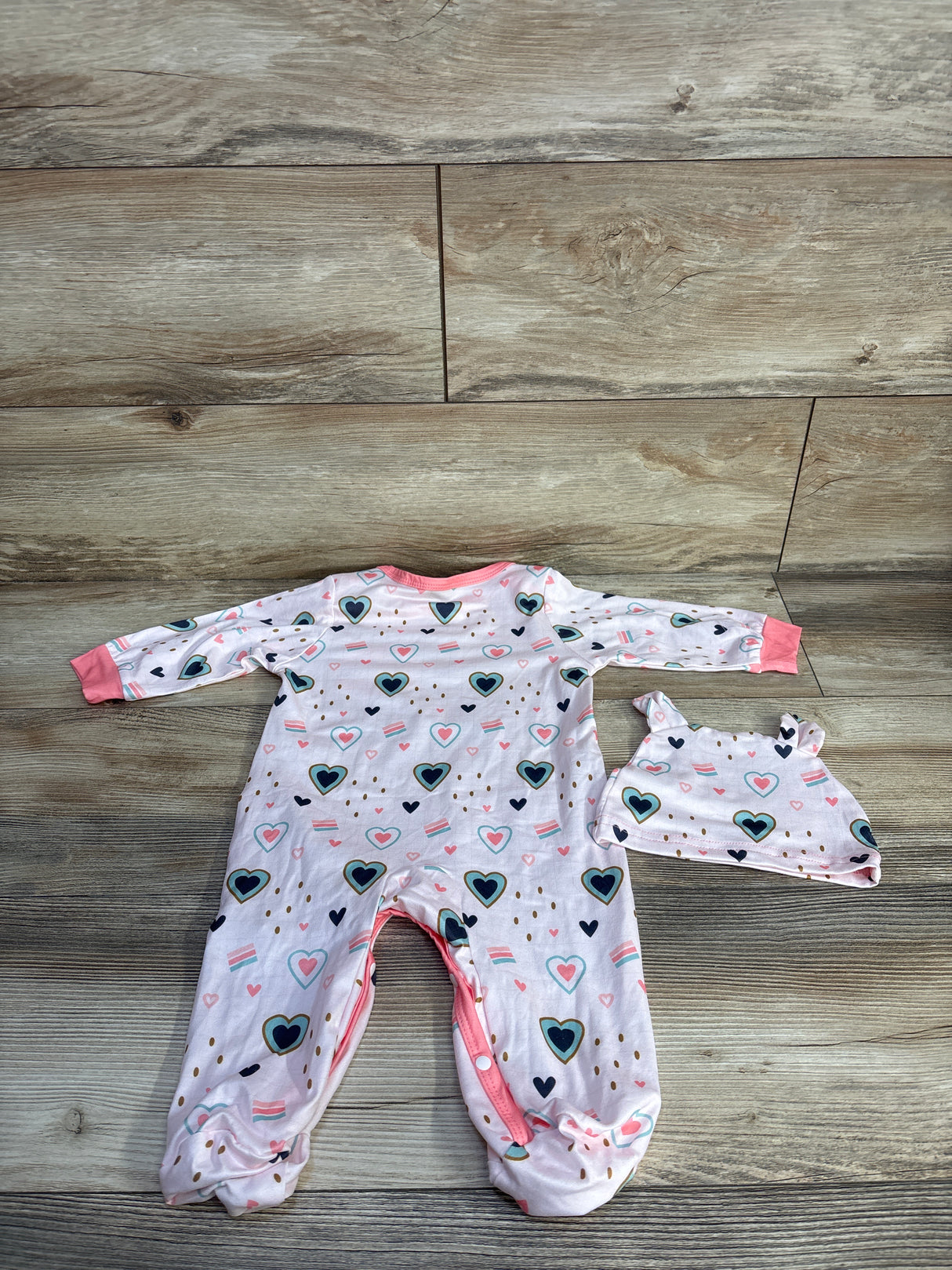 2pc Heart Print Footed Coverall & Hat Set Light Pink sz 6-9m