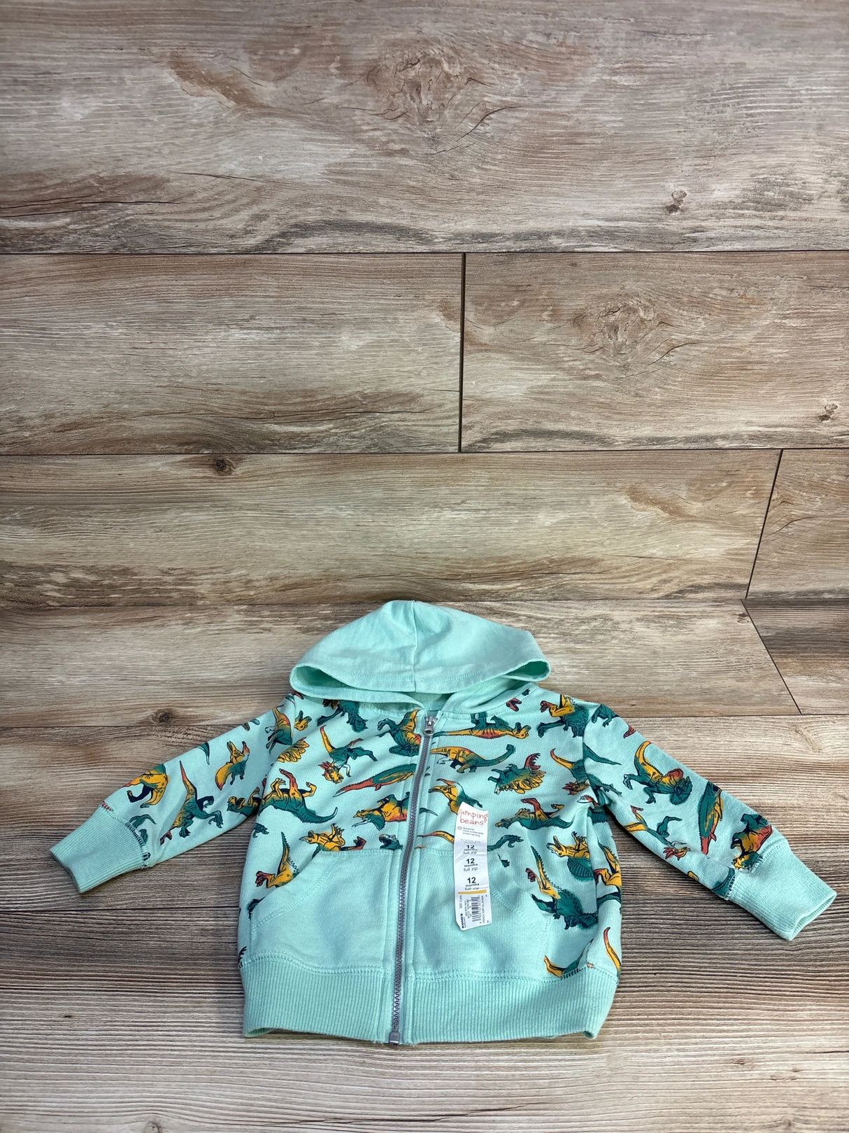 Mint green toddler dinosaur print hoodie, 12 months, full zip, soft cotton, kids clothing