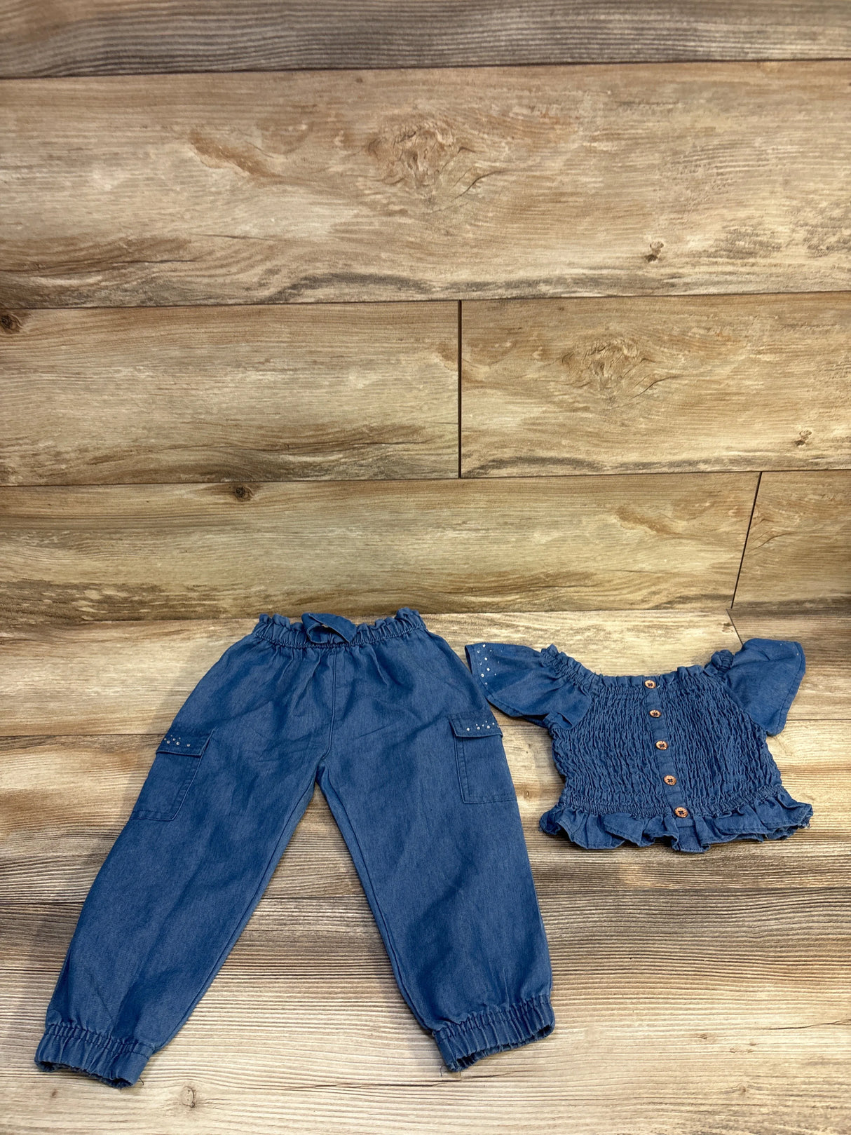 Lemon Kiss 2pc Chambray Smocked Top & Bottoms Blue sz 24m