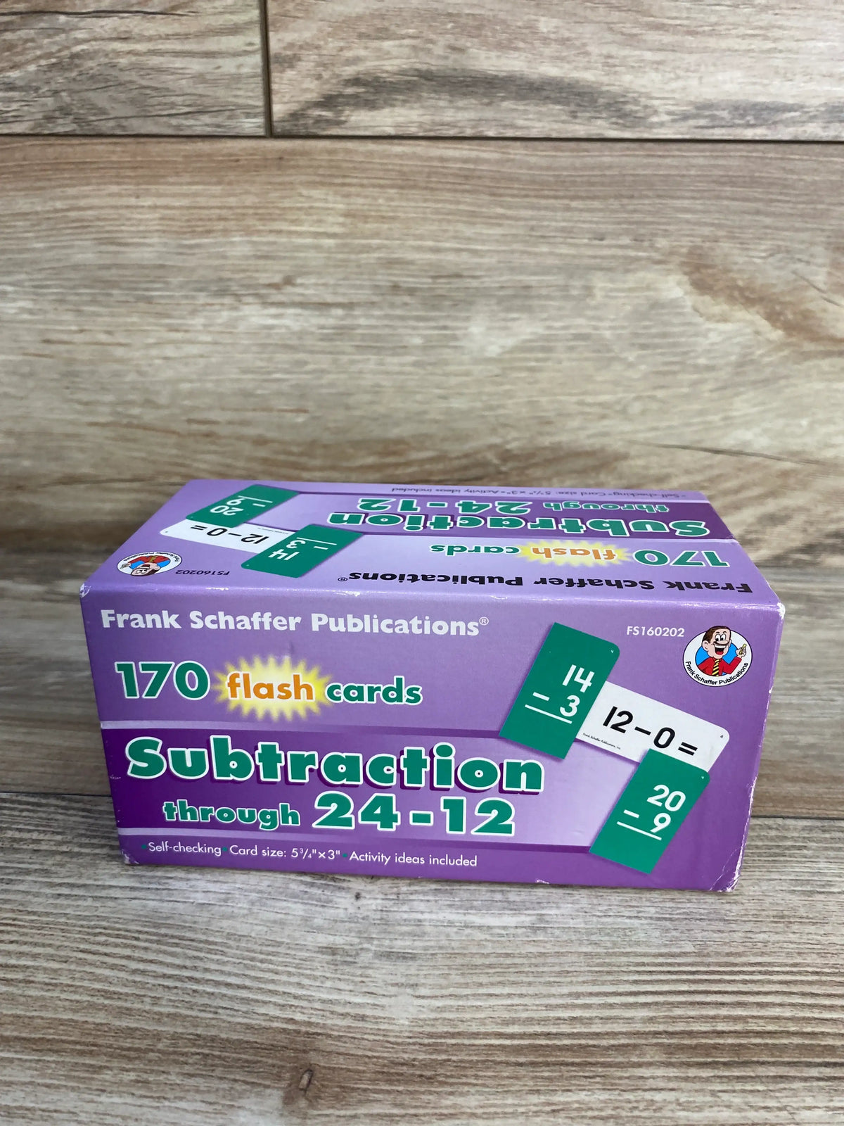 Front view of Frank Schaffer Publications subtraction flash cards showcasing self-checking practice on wood grain