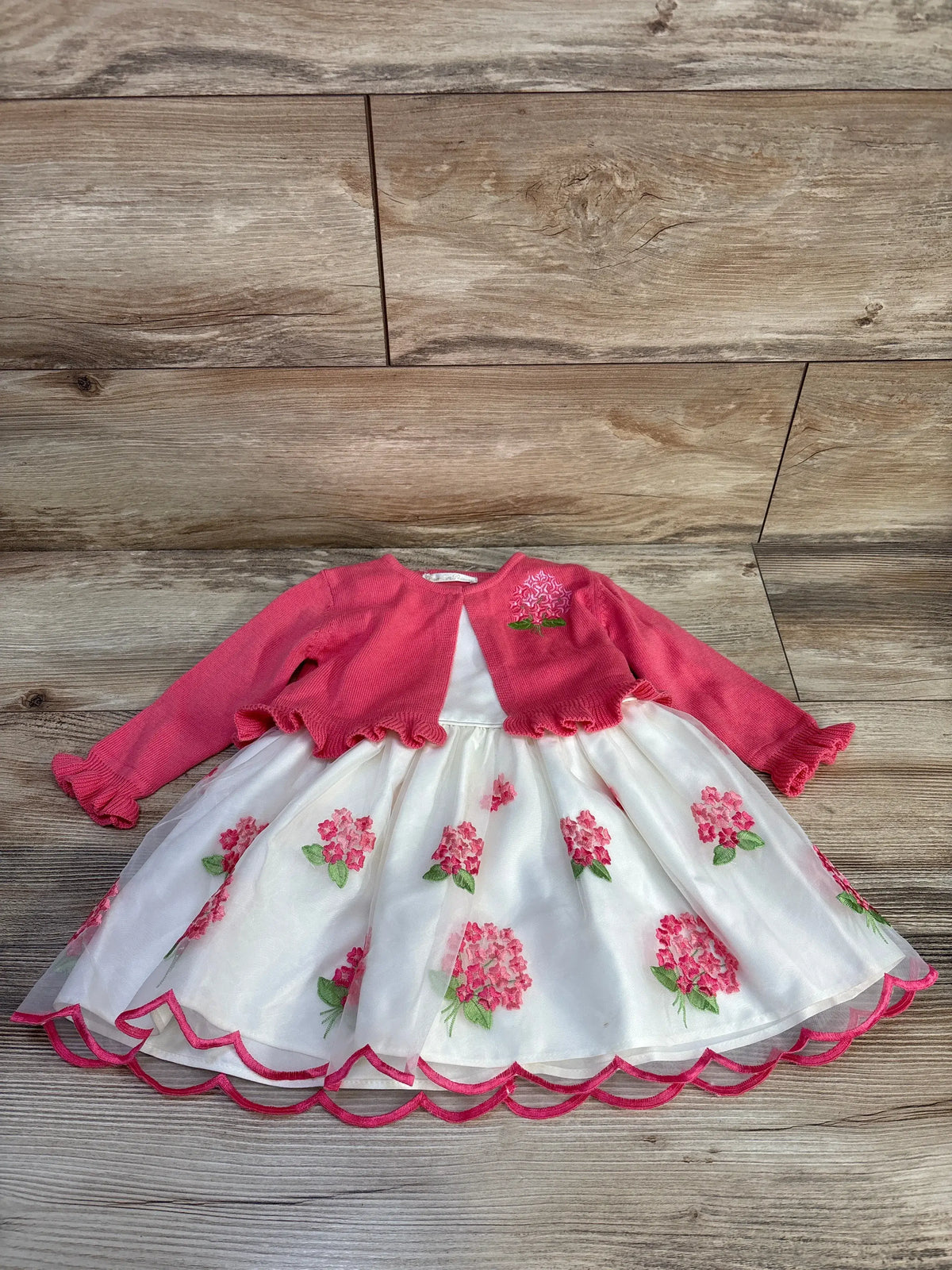 Front view of pink embroidered dress and cardigan set showcasing floral details with a wood floor background