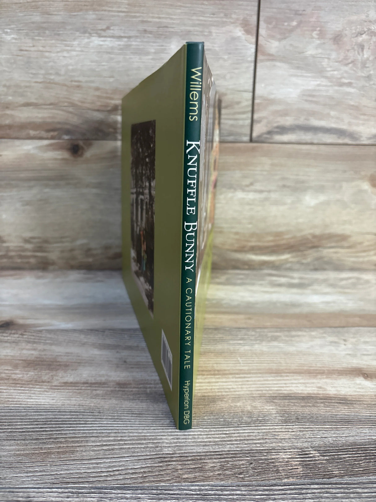 Knuffle Bunny A Cautionary Tale children's book by Mo Willems with green spine on wood background