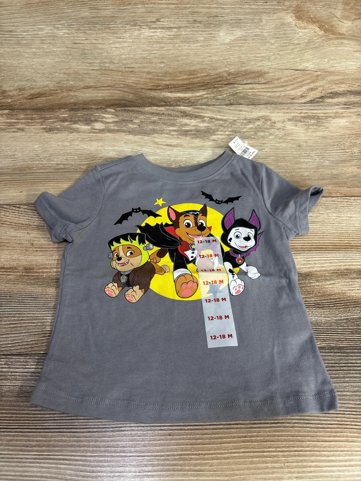 Gray toddler Paw Patrol Halloween shirt with Chase, Marshall, and Skye in costumes, size 12-18M