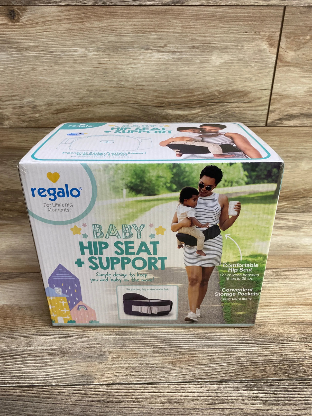 Regalo baby hip seat support carrier box with parent holding child, adjustable waist belt visible.