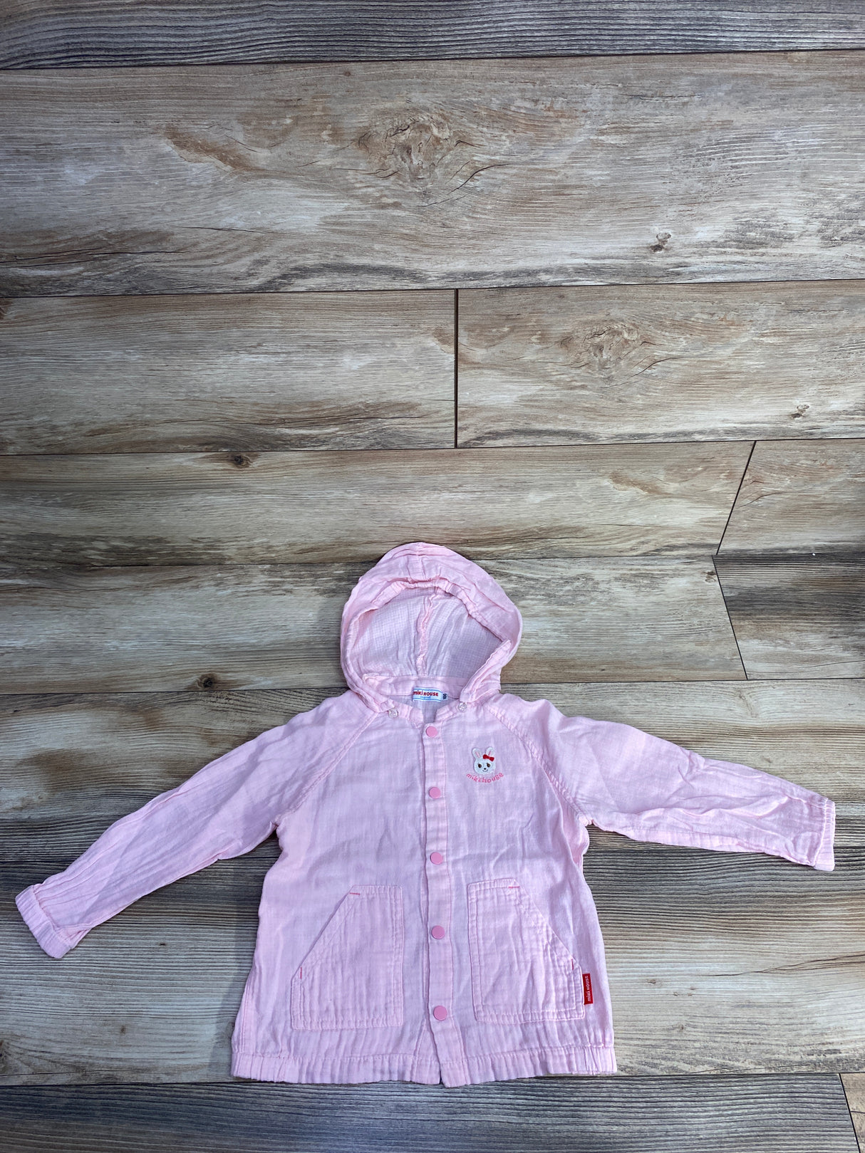 Miki House Bunny Button Up Hooded Shirt Pink sz 2T