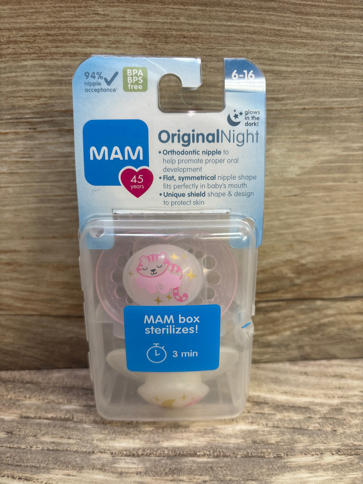 NEW MAM Original Night 2pk Pacifiers, Glow-in-the-Dark Pink/Clear 6-16m