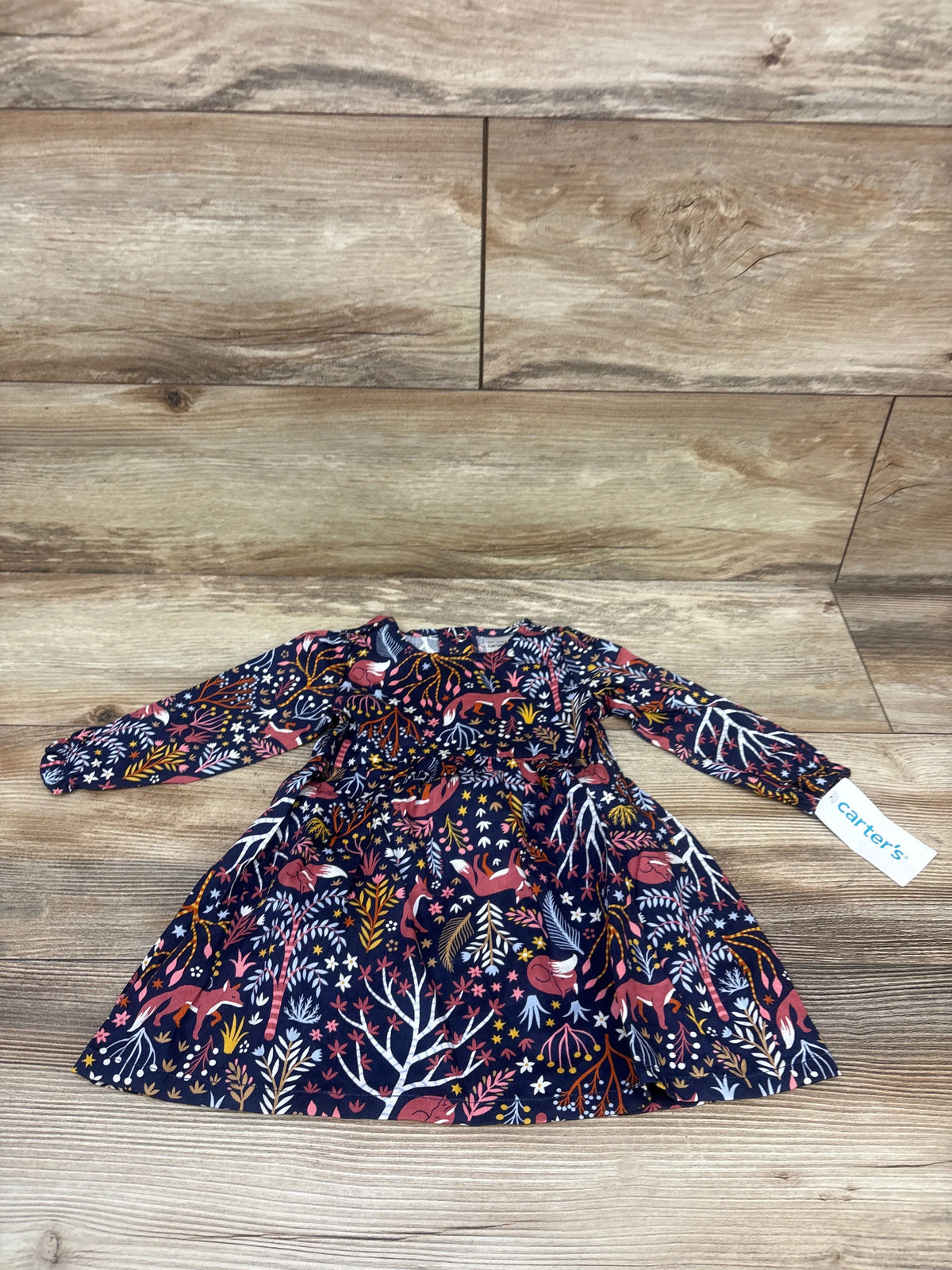 NEW Carter's Long Sleeve Fox Print Dress Navy sz 9m