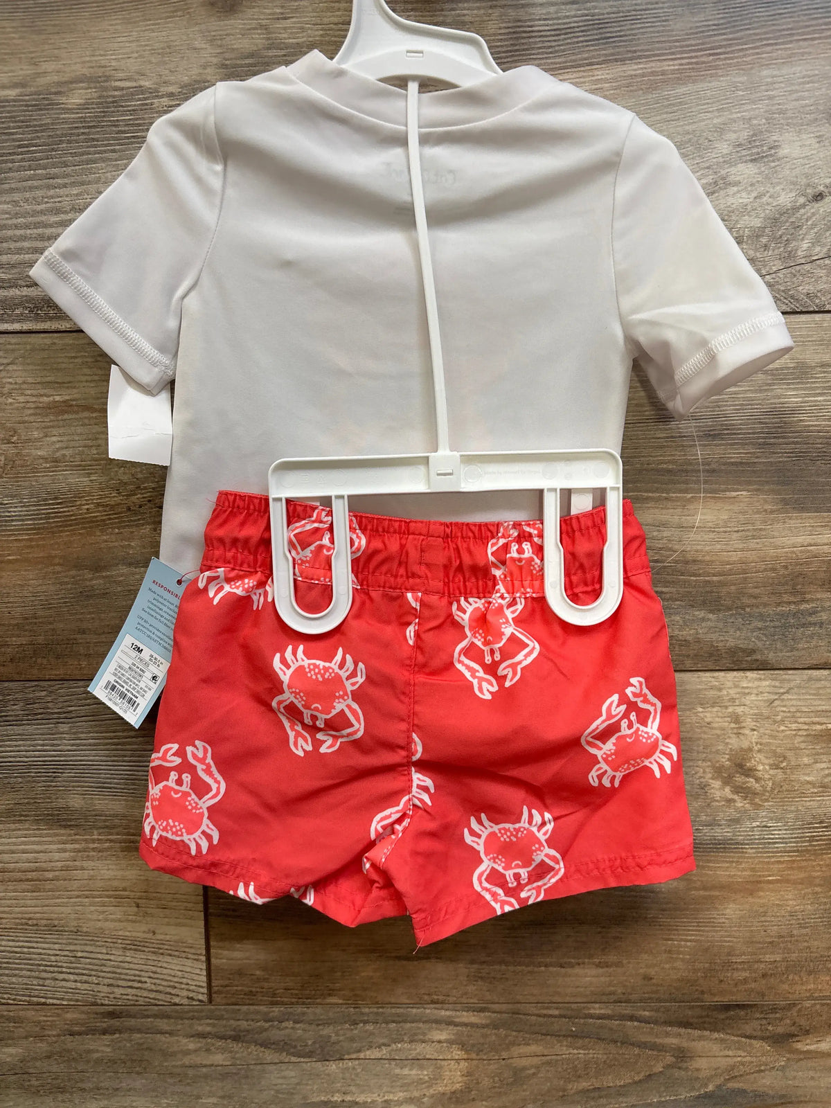 Cat & Jack 2pc Crab Rash Guard Set with white t-shirt and red crab print shorts, size 12m