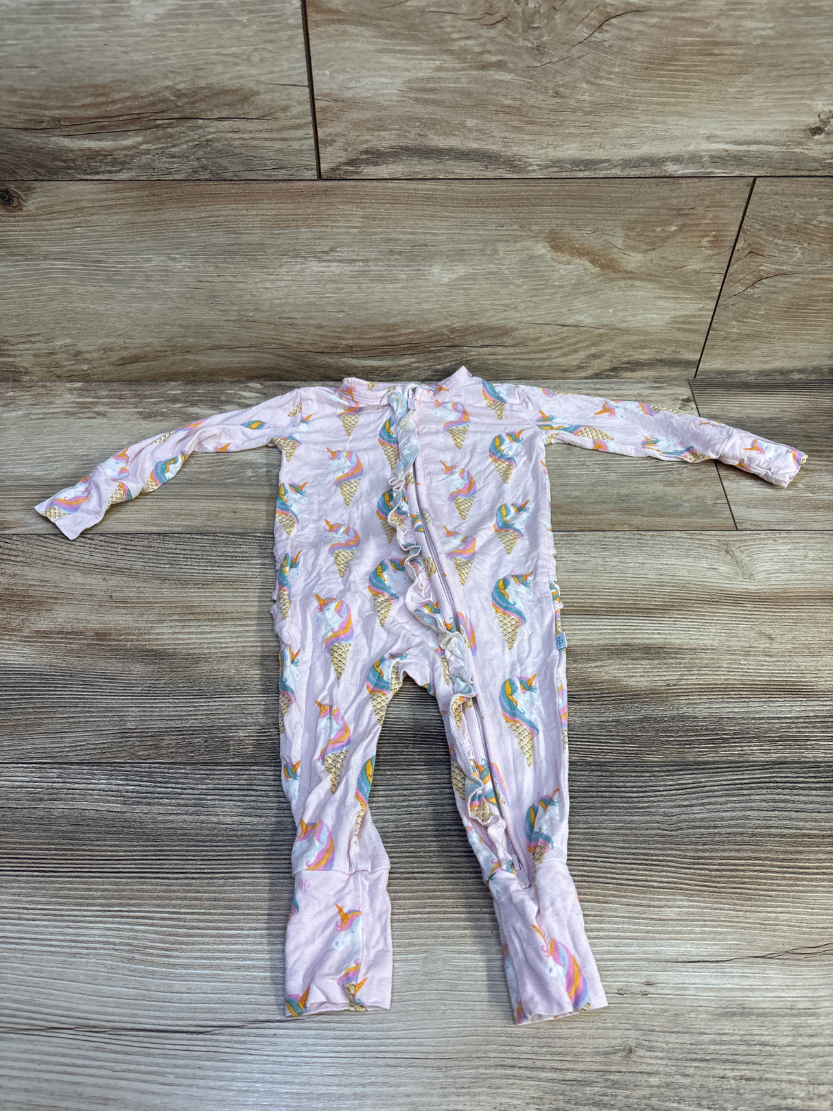 Posh P. Unicorn Ice Cream Bamboo Ruffle Footie Pink sz 3-6m