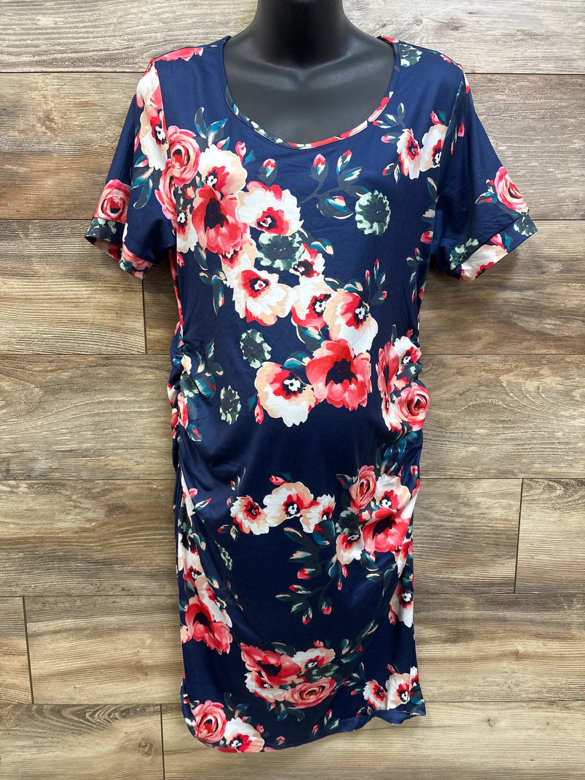 Musidora navy blue maternity ruched dress with red and white floral print