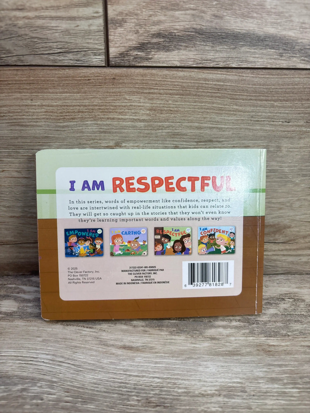 Back cover of I Am Respectful lift-a-flap board book showcasing 'I AM RESPECTFUL' headline, series thumbnails and barcode on wood surface