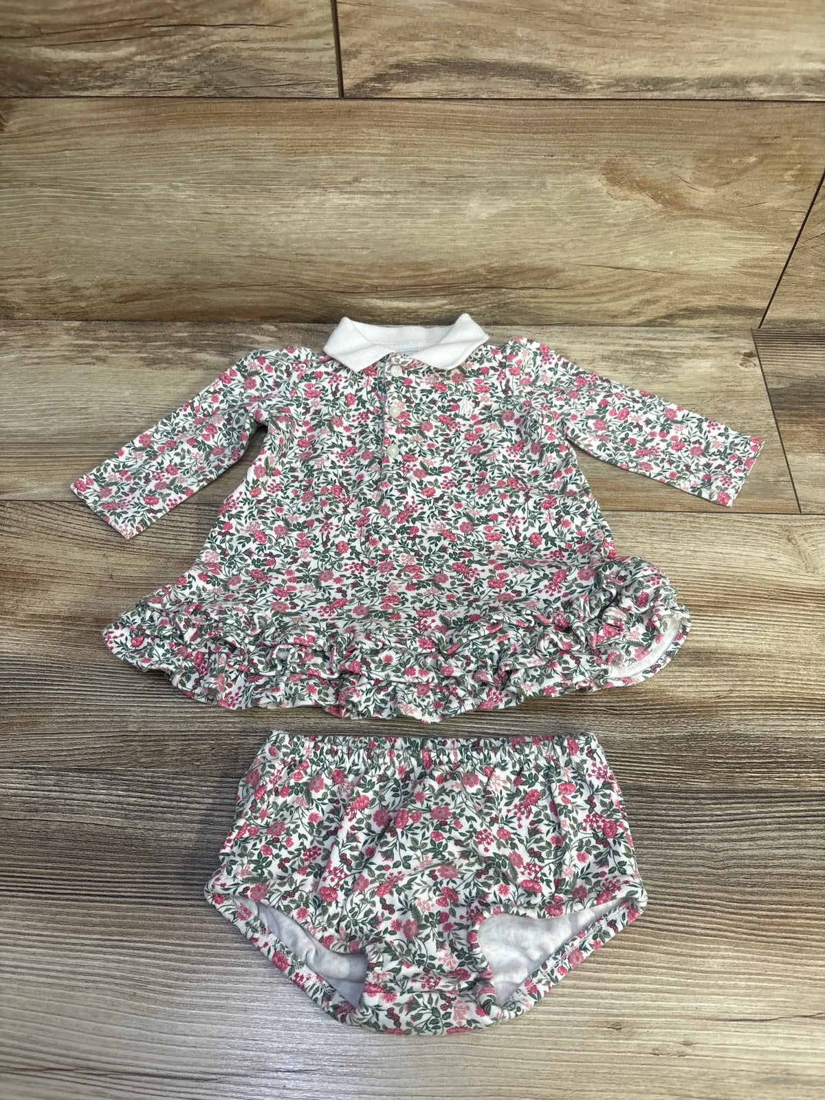 Front view of Ralph Lauren 2pc floral dress set with three-tier ruffled hem, white collar, and matching bloomer