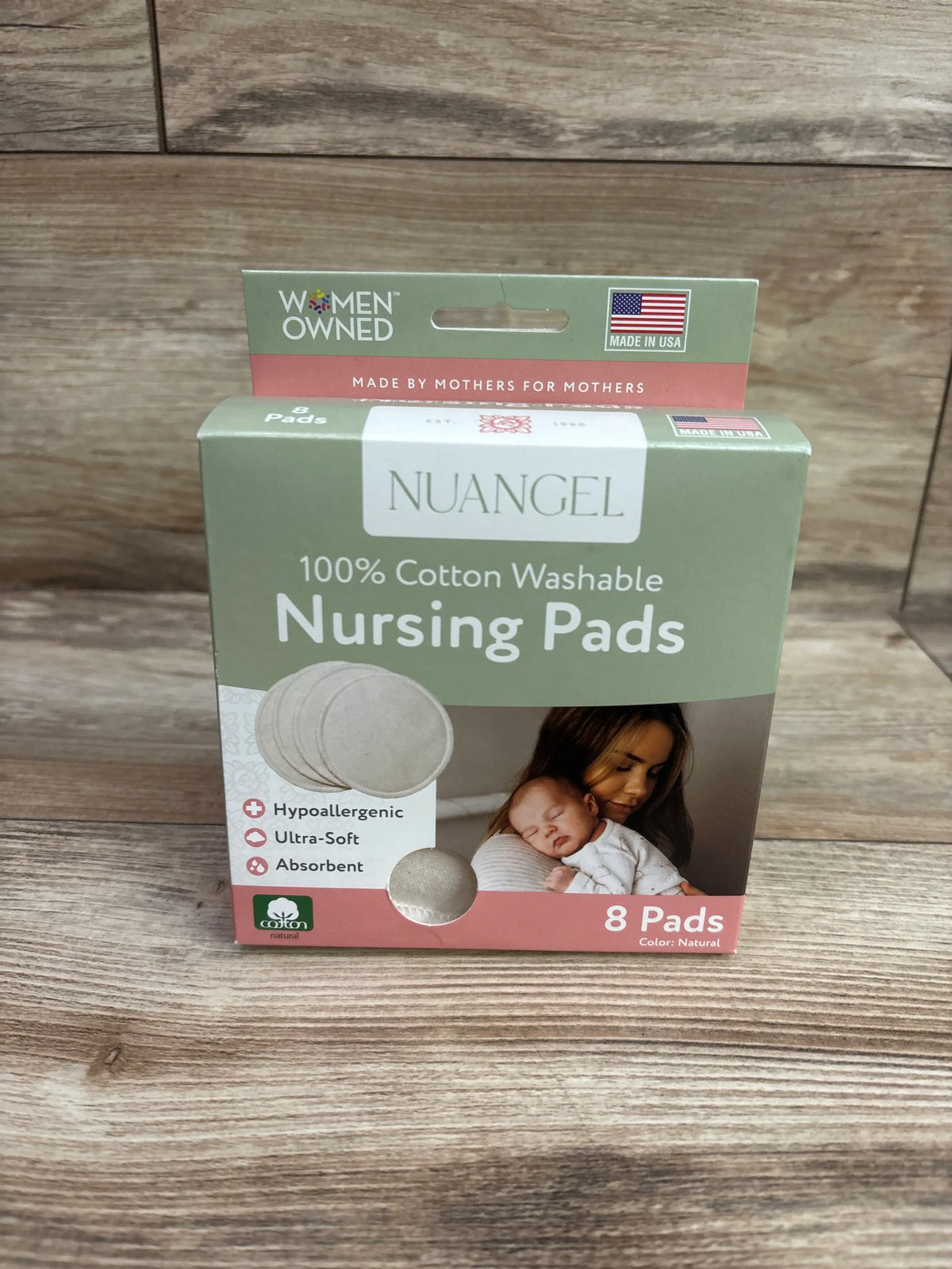 NuAngel 100% cotton washable nursing pads 8-pack packaging featuring a mother and baby.