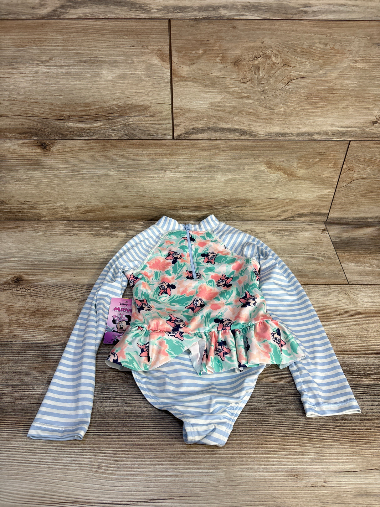NEW Disney Junior Minnie Mouse 1pc Long Sleeve Rashguard Swimsuit Blue sz 4T