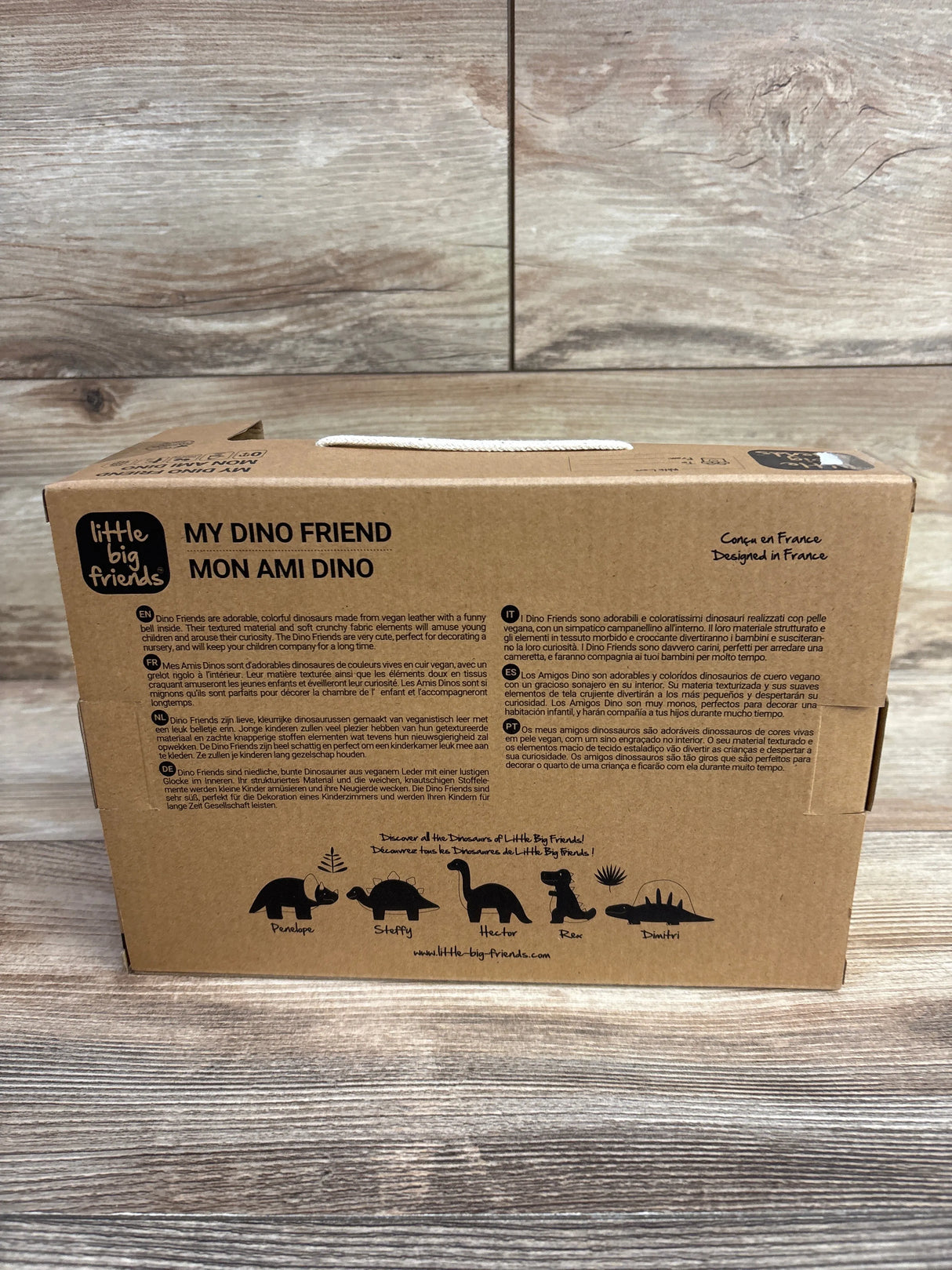 Brown cardboard box packaging for Little Big Friends My Dino Friend vegan leather colorful dinosaur toy, designed in France