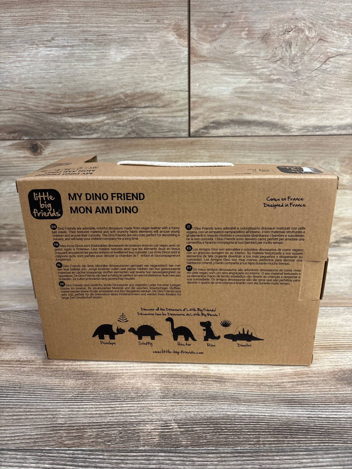 Brown cardboard box packaging for Little Big Friends My Dino Friend vegan leather colorful dinosaur toy, designed in France