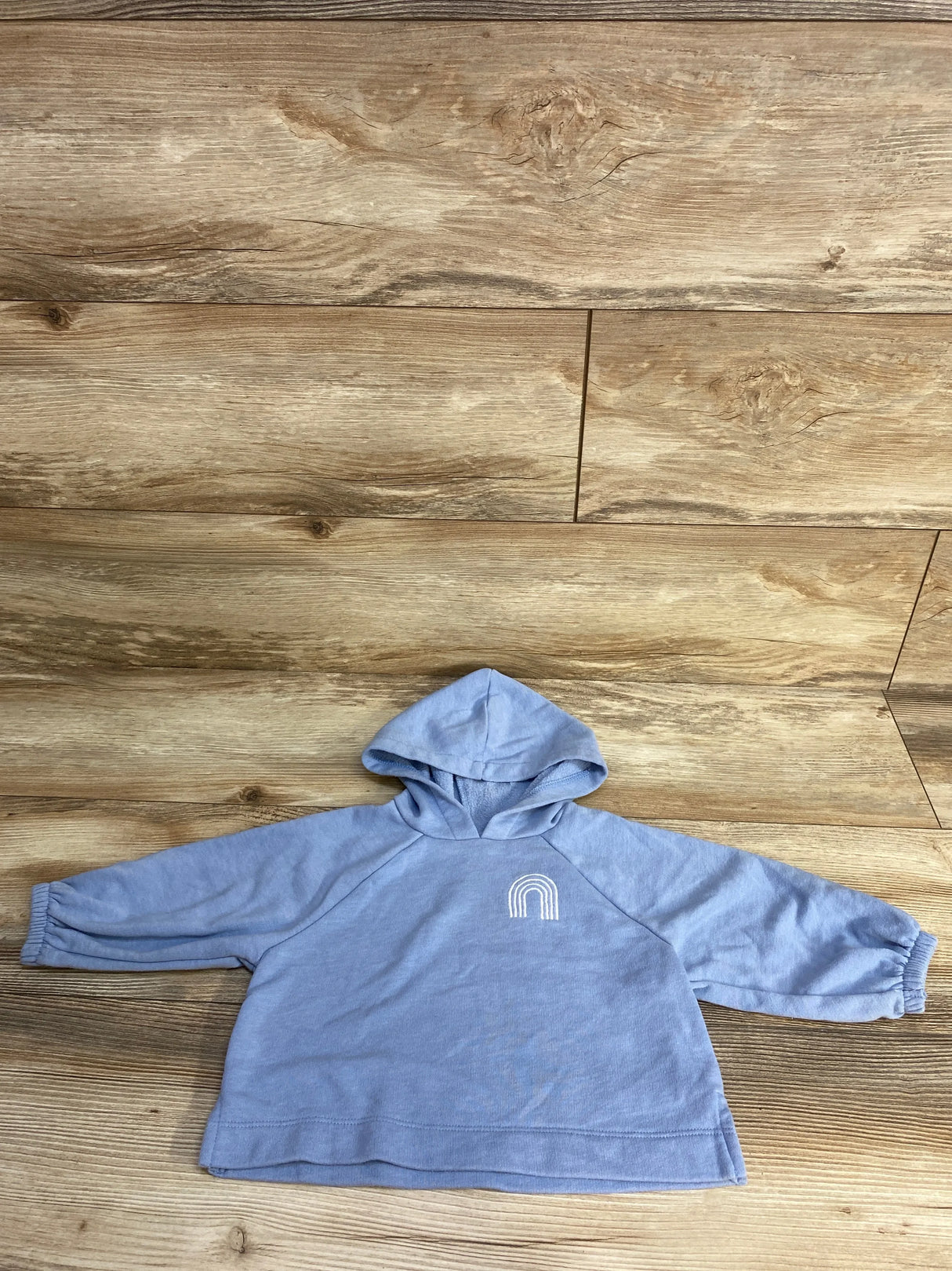 Light blue toddler hoodie with white rainbow embroidery on wooden floor background