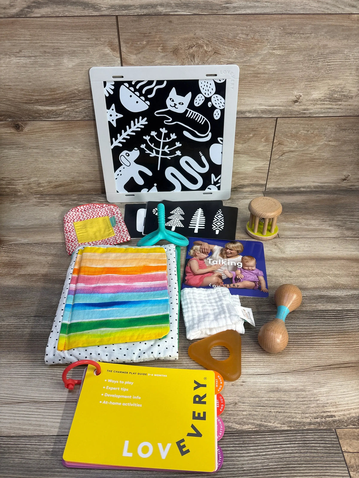 Top view of Lovevery The Charmer Play Kit showcasing developmental toys, mirror, cloths, and play guide on wood floor