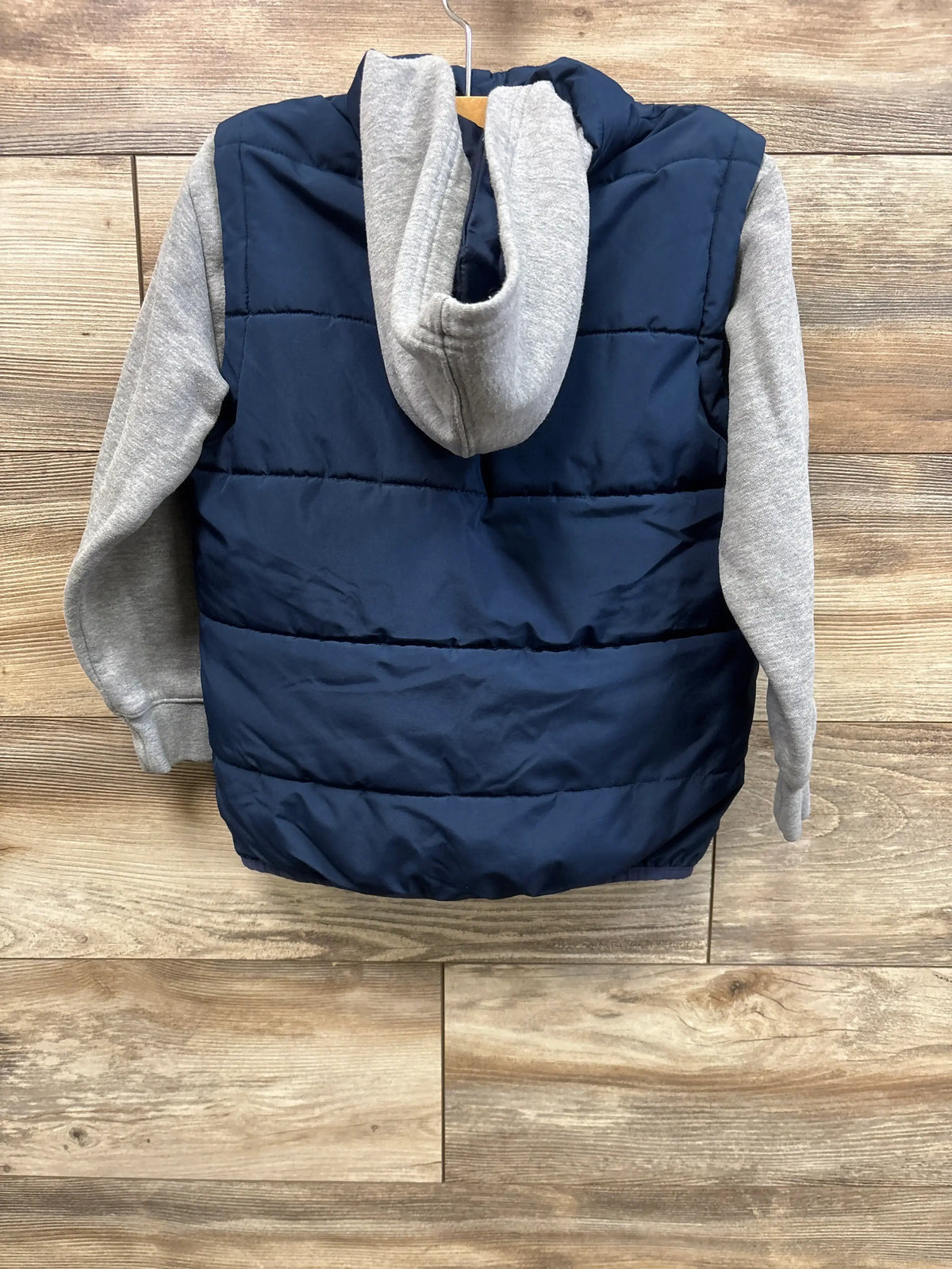 Levi's 2-in-1 navy blue puffer vest with attached grey hoodie for kids size 5-6T