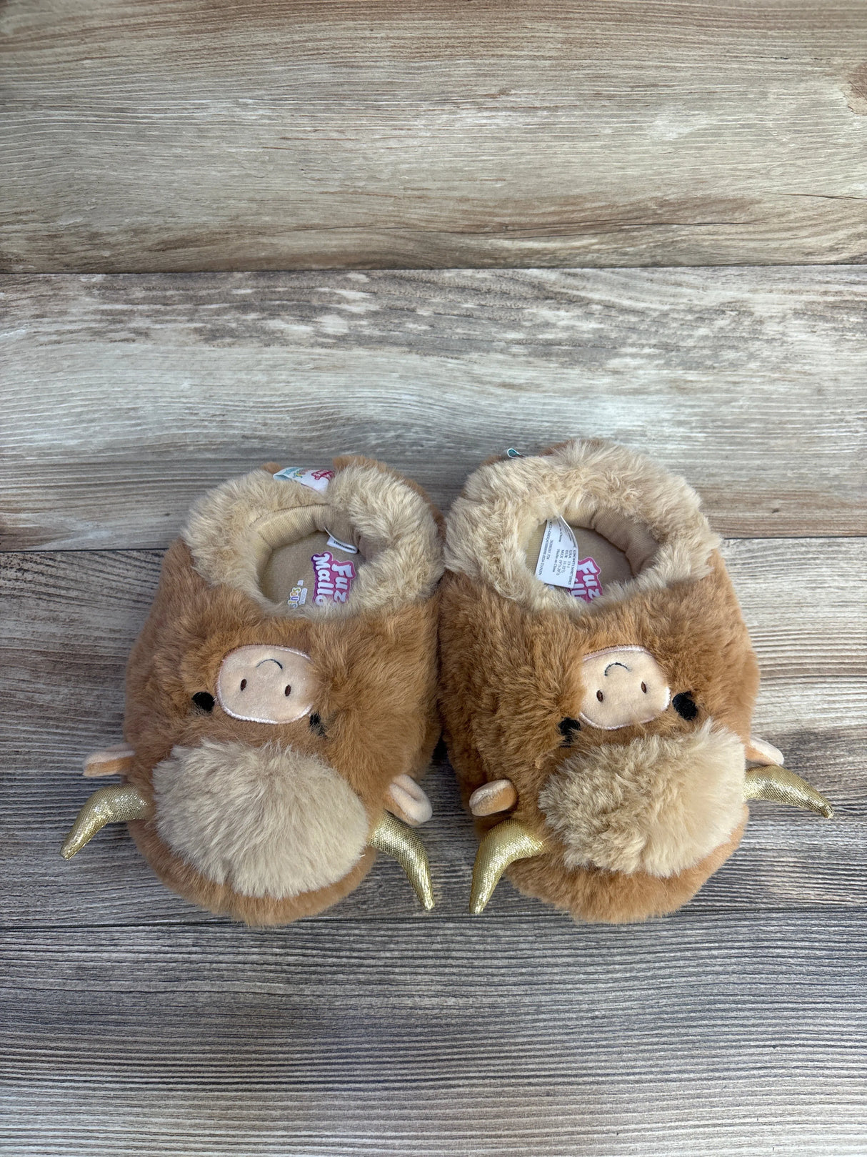 Fuzz-A-Mallows Highland Cow Slippers Brown sz 13c - Me n Mommy To Be